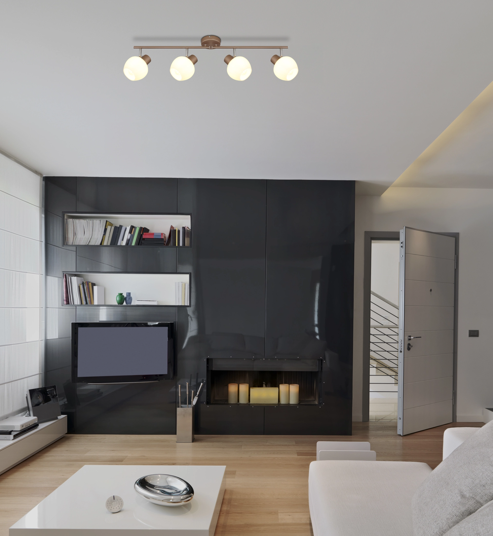 Moderner Deckenstrahler EILEEN mit vier verstellbaren Spots aus matt kaffeefarbenem Metall und opalen Gläsern, ideal für Wohnzimmer, Bilder und Bereiche – Globo Handels GmbH 54662-4.