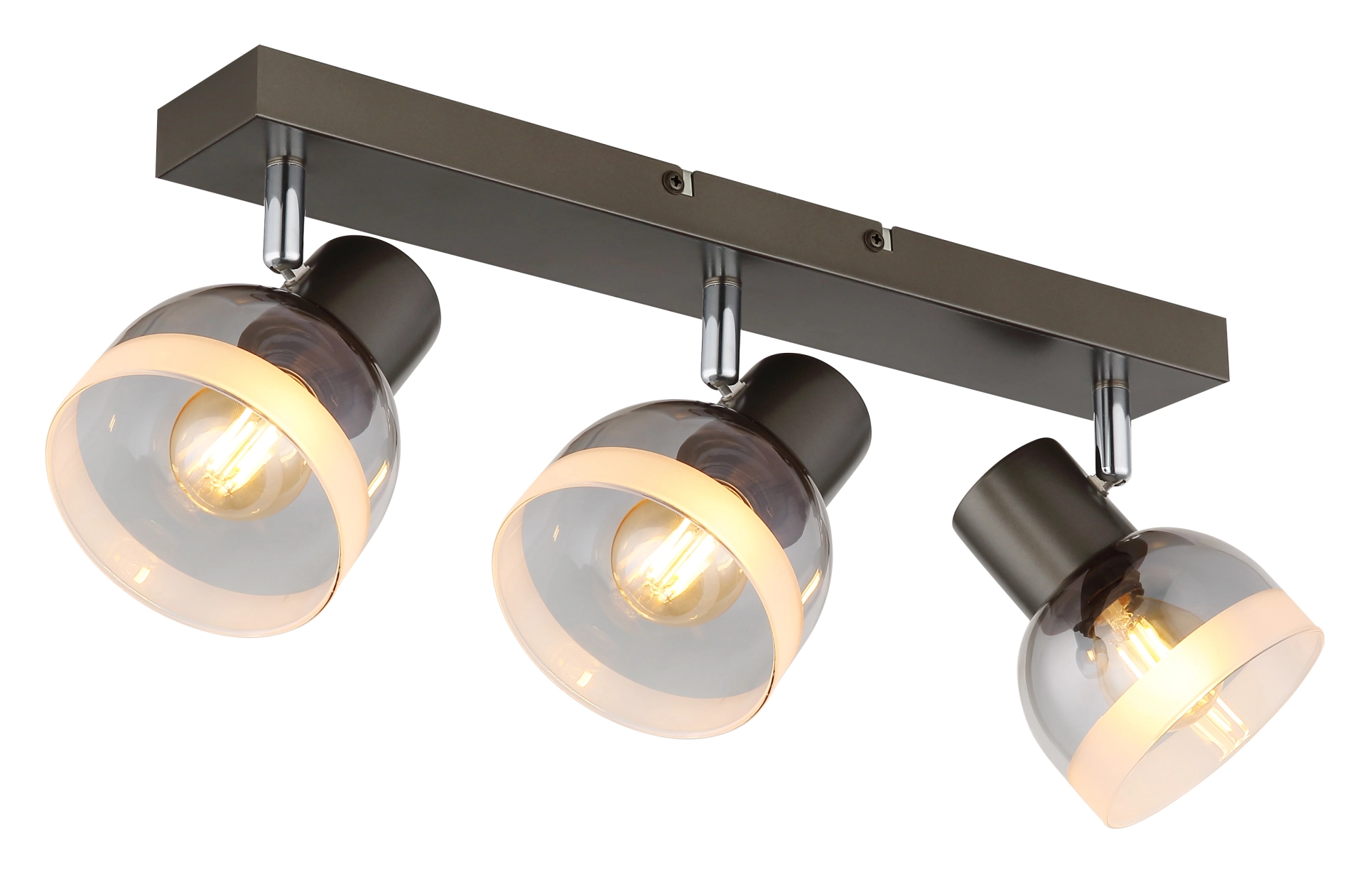 Produktbild: KAIRO Deckenstrahler 3-flammig aus Metall schwarz-chrom matt mit rauchfarbenen Glas-Schirmen, Modell 54048-3 von Globo Handels GmbH – moderner Spotbalken, dreh- und schwenkbar für gerichtetes Licht.