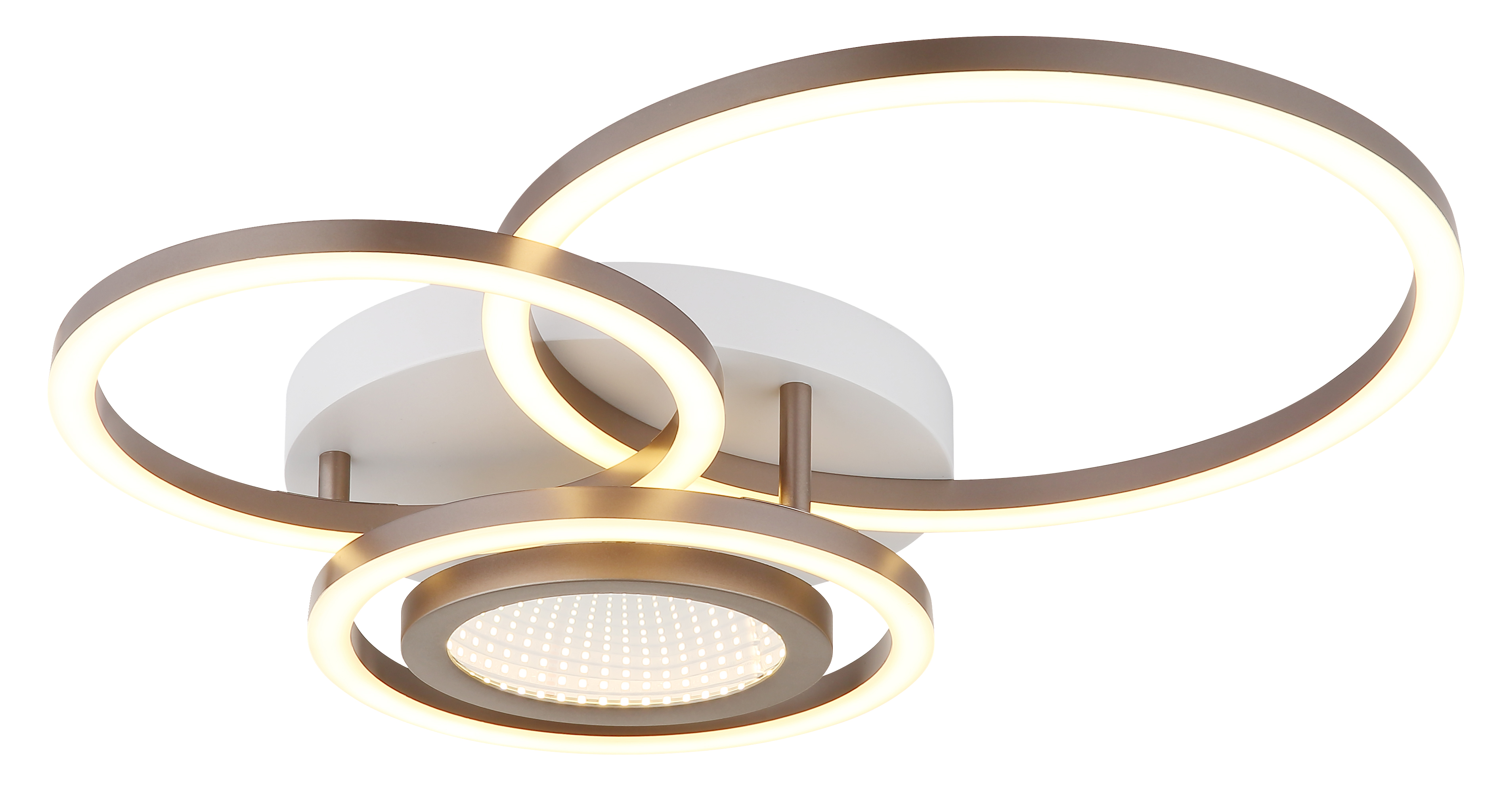 Moderne Deckenleuchte mit ineinander verschlungenen Ringen und warmweißem Licht