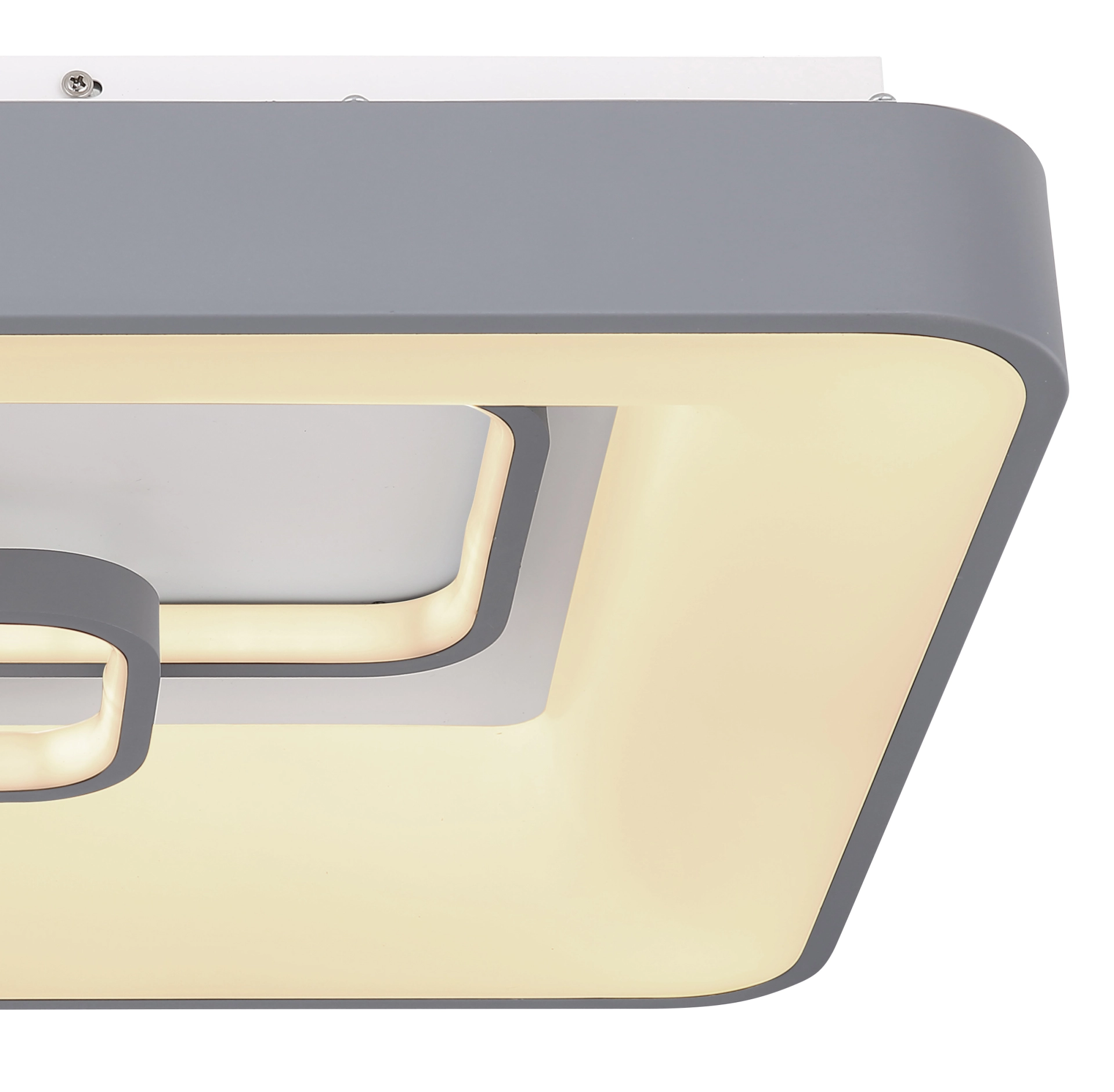 Nahaufnahme der quadratischen LED-Deckenleuchte MAVY in Grau (Metall/Acryl), 50x50 cm; per Fernbedienung dimmbar bis 1900 lm, CCT 3000–6000 K mit Memory-Funktion; Produkt von Globo Handels GmbH, Modell 48416-50