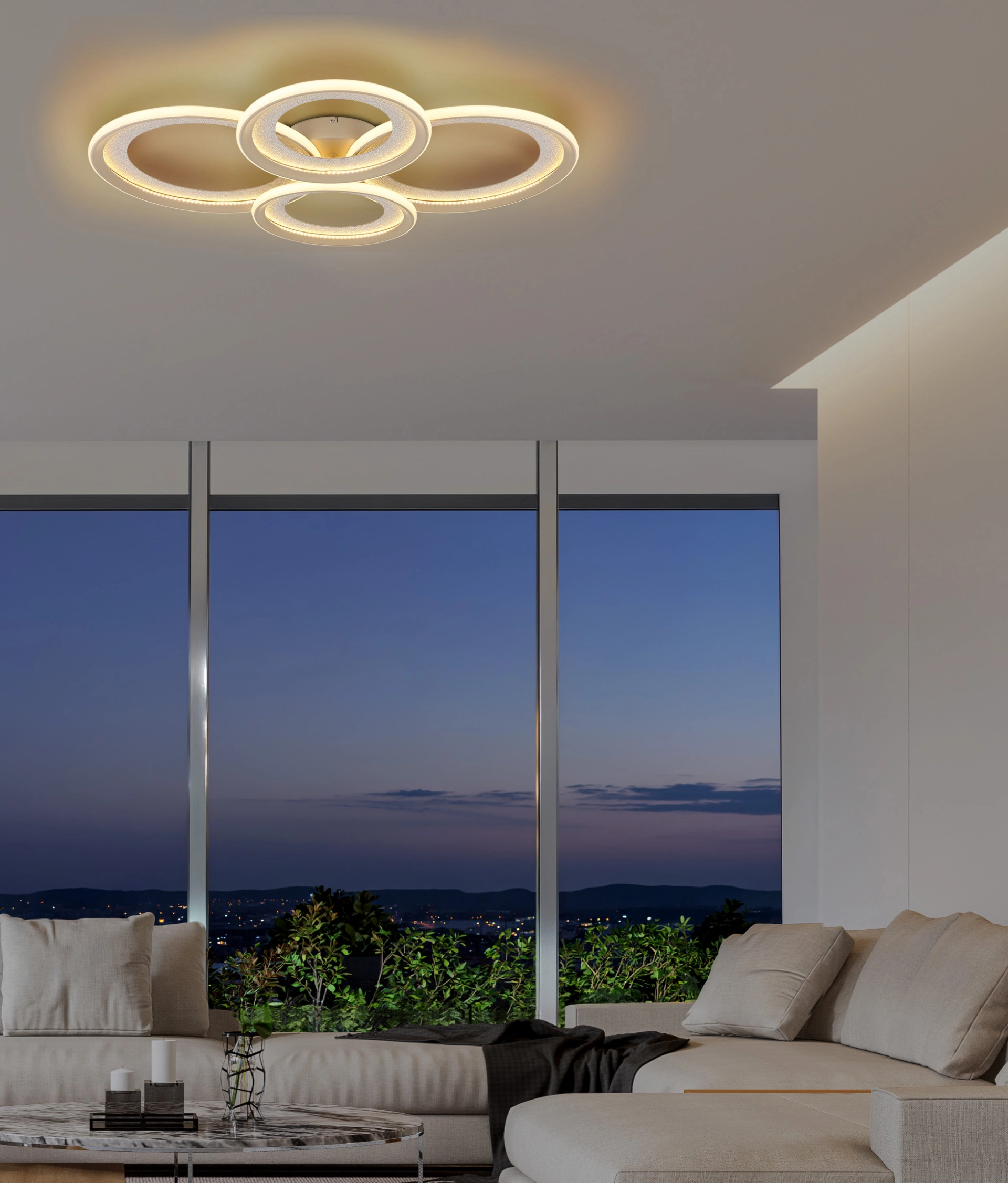 GLITRA LED-Deckenleuchte im Wohnzimmer: rechteckiges Design mit 4 versetzt angeordneten, beweglichen Ringen; sand/silber, opaler Schirm, warmweiß 3000 K, IP20 – stilvolle Innenbeleuchtung von Globo Handels GmbH