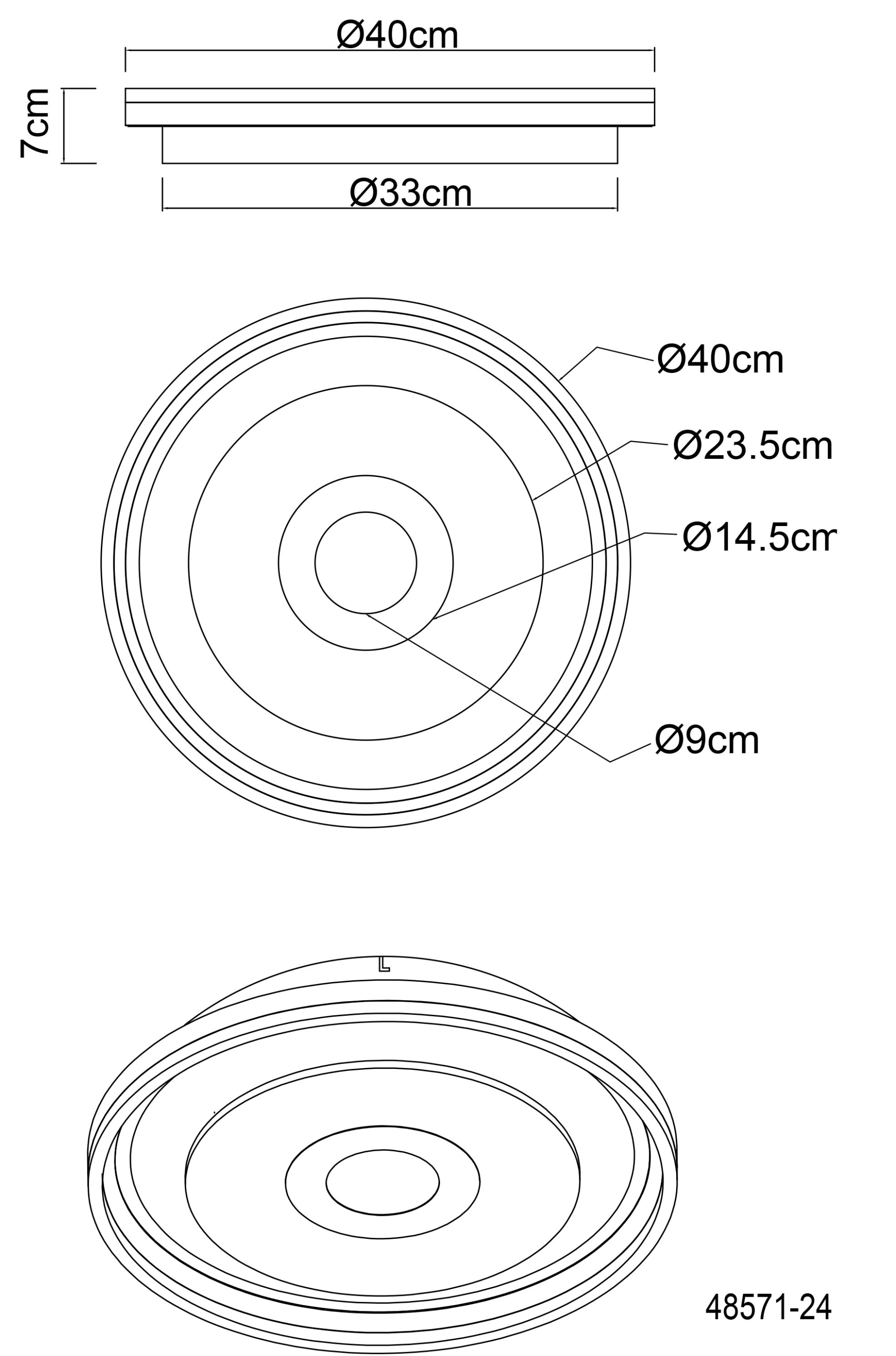 Technische Zeichnung: CARDENAS Deckenleuchte von Globo Handels GmbH, Metall champagnerfarben matt, Acryl opal, rund Ø40 cm (Innenringe Ø23,5/14,5/9 cm), Höhe 7 cm, Modell 48571-24