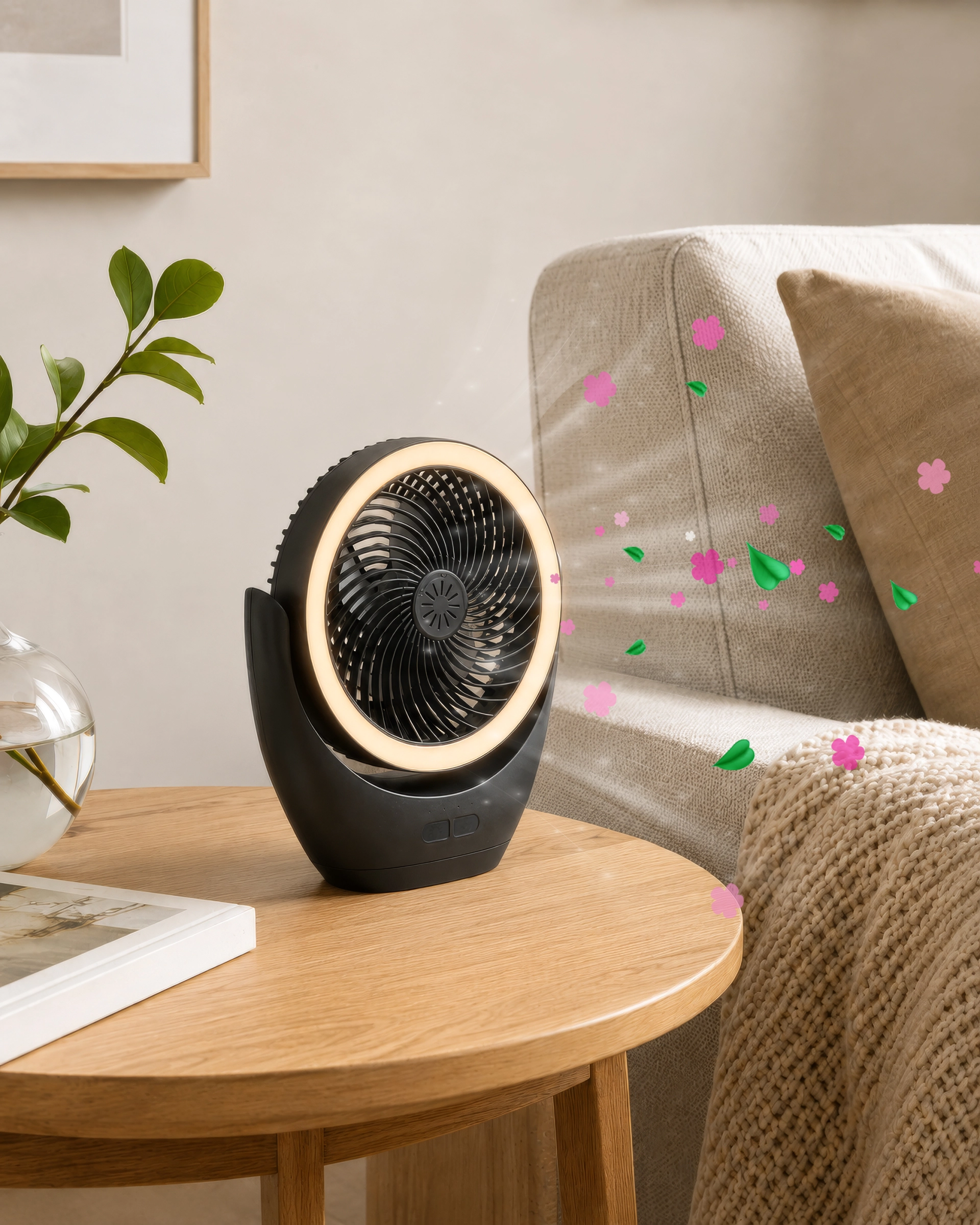 TERON Tischventilator aus Kunststoff in schwarz matt, Modell 0460 von Globo Handels GmbH – kompakter Ventilator mit LED-Lichtring auf Wohnzimmertisch für frische Luft