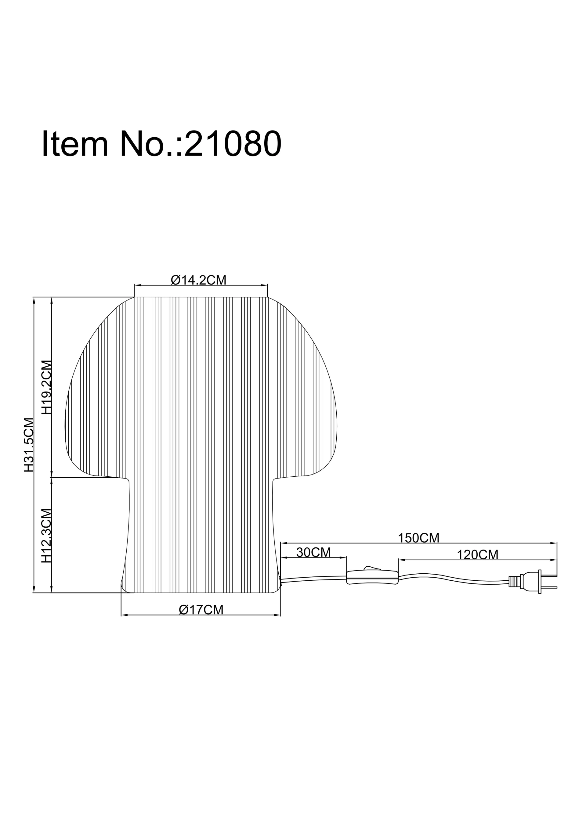 Technische Zeichnung der SHROOMA Tischleuchte aus weißem Glas (Artikel 21080) von Globo Handels GmbH: pilzförmiges Design, Höhe 31,5 cm, Fuß Ø 17 cm, Schirm Ø 14,2 cm, Kabel 150 cm mit Schalter.