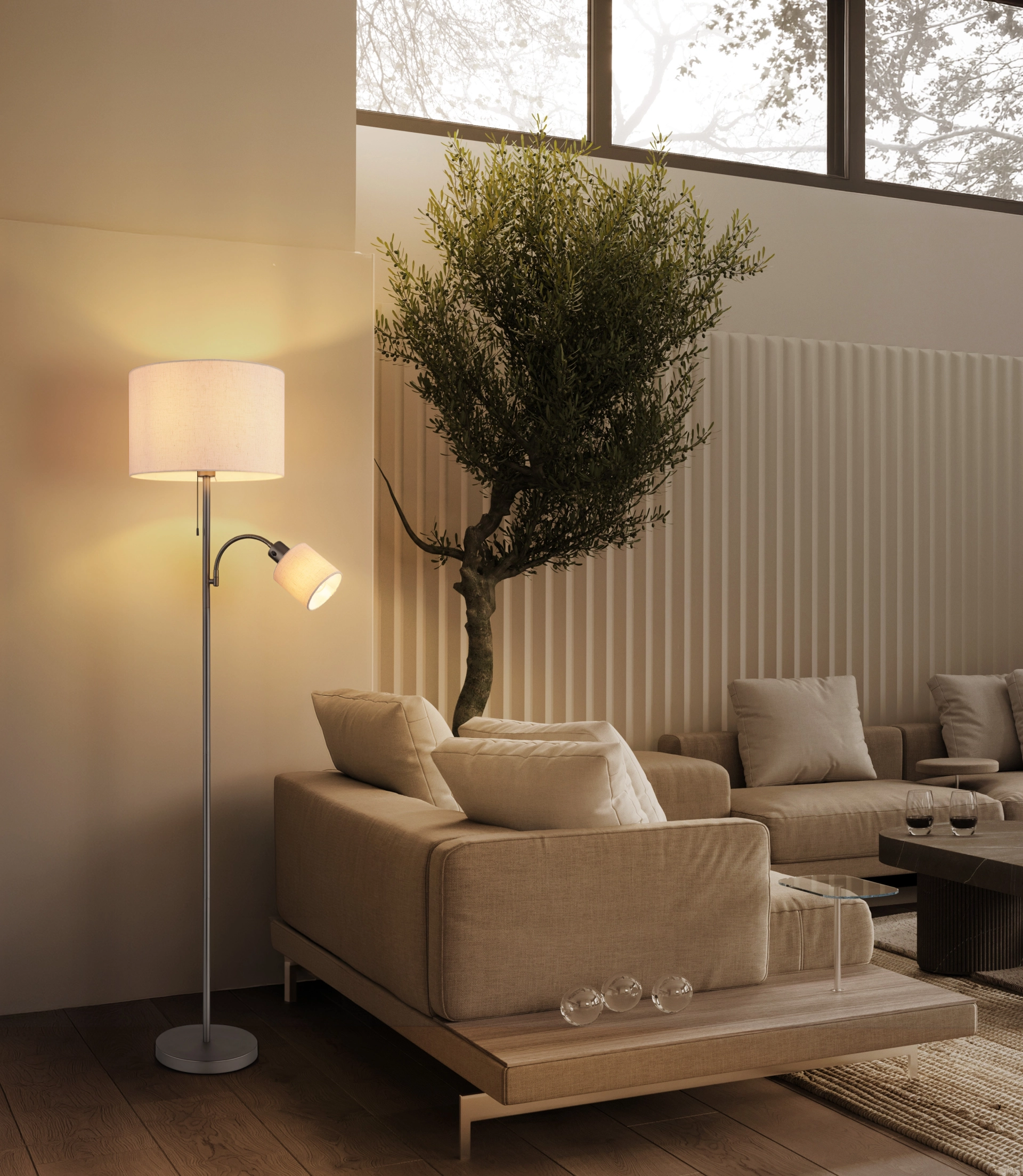 Image : lampadaire THEA de Globo Handels GmbH, uplighter moderne avec liseuse intégrée, base ronde, fût fin noir‑chrome mat, abat‑jour en lin crème, éclairage élégant du salon, modèle 41540208