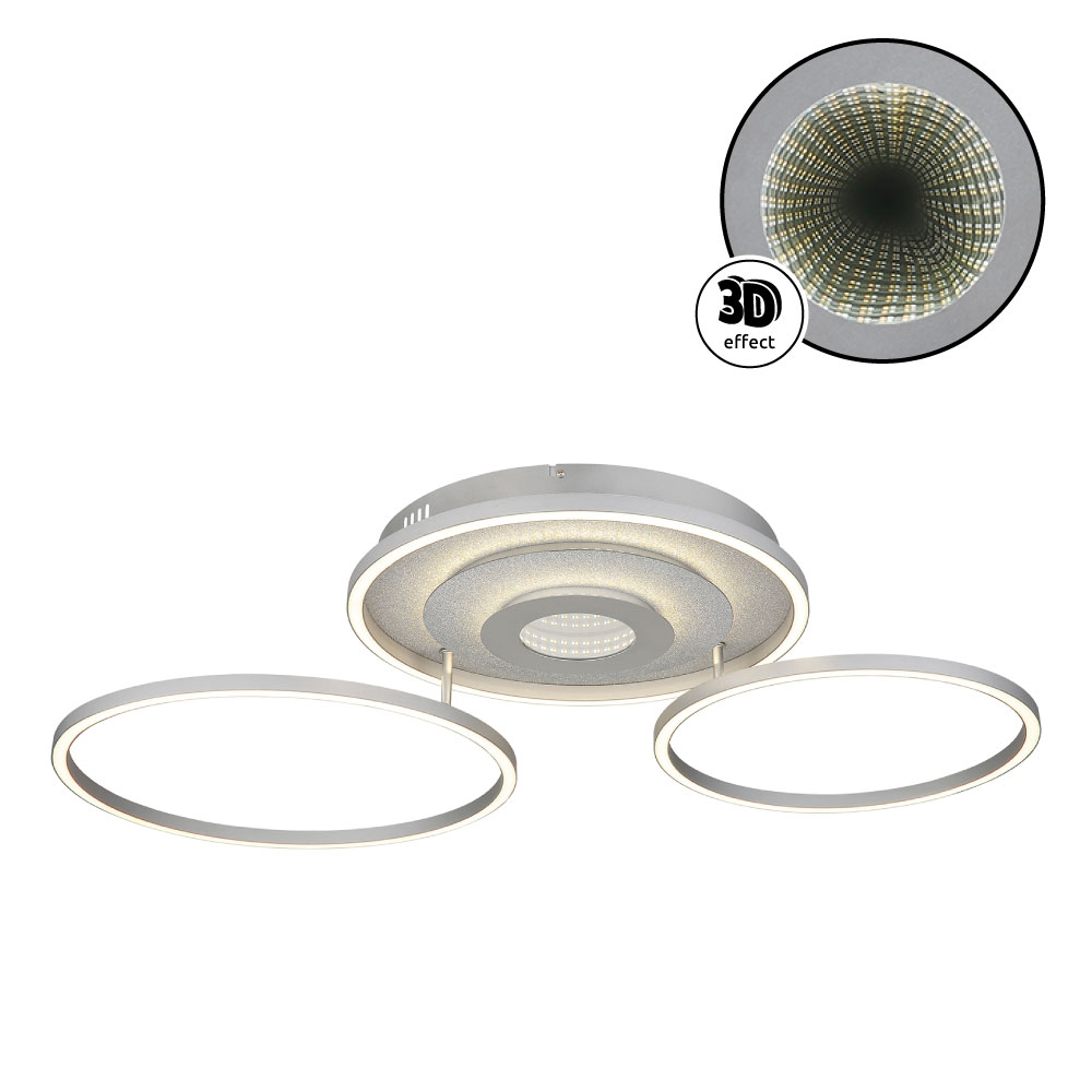 MILES Deckenleuchte von Globo, rechteckiger Leuchtenkörper mit drei beweglichen Ringen und 3D-Tunneleffekt. Silbernes Metallgehäuse, Schirm aus gebürstetem Aluminium, opalem Kunststoff und verspiegeltem Acryl für blendfreie, gleichmäßige Lichtverteilung.