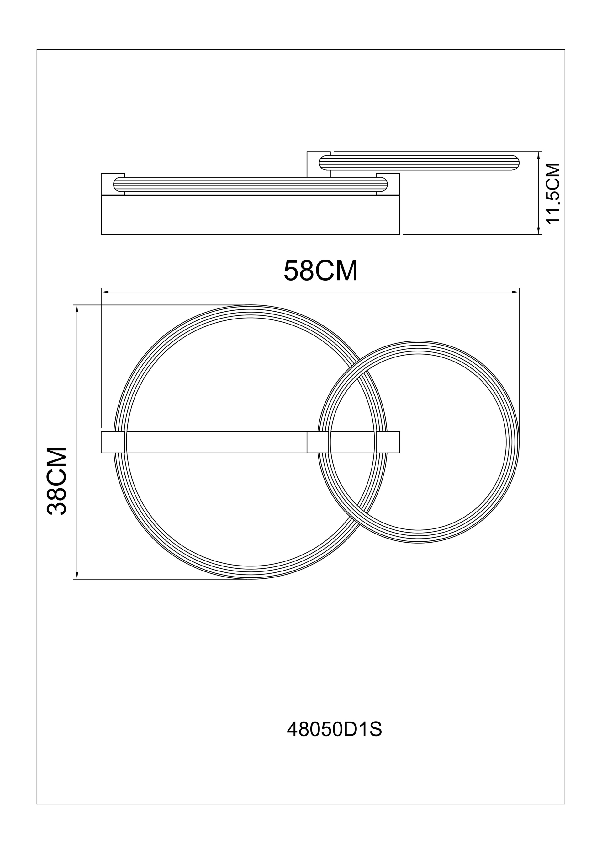 Technische Zeichnung der LED-Deckenleuchte FLETCHER: rechteckige Deckenbefestigung mit zwei überlappenden Ringen, matt-schwarzes Metall, Diffusor transparent/weiß, 58 x 38 x 11,5 cm, 2100 lm warmweiß, Hersteller Globo Handels GmbH