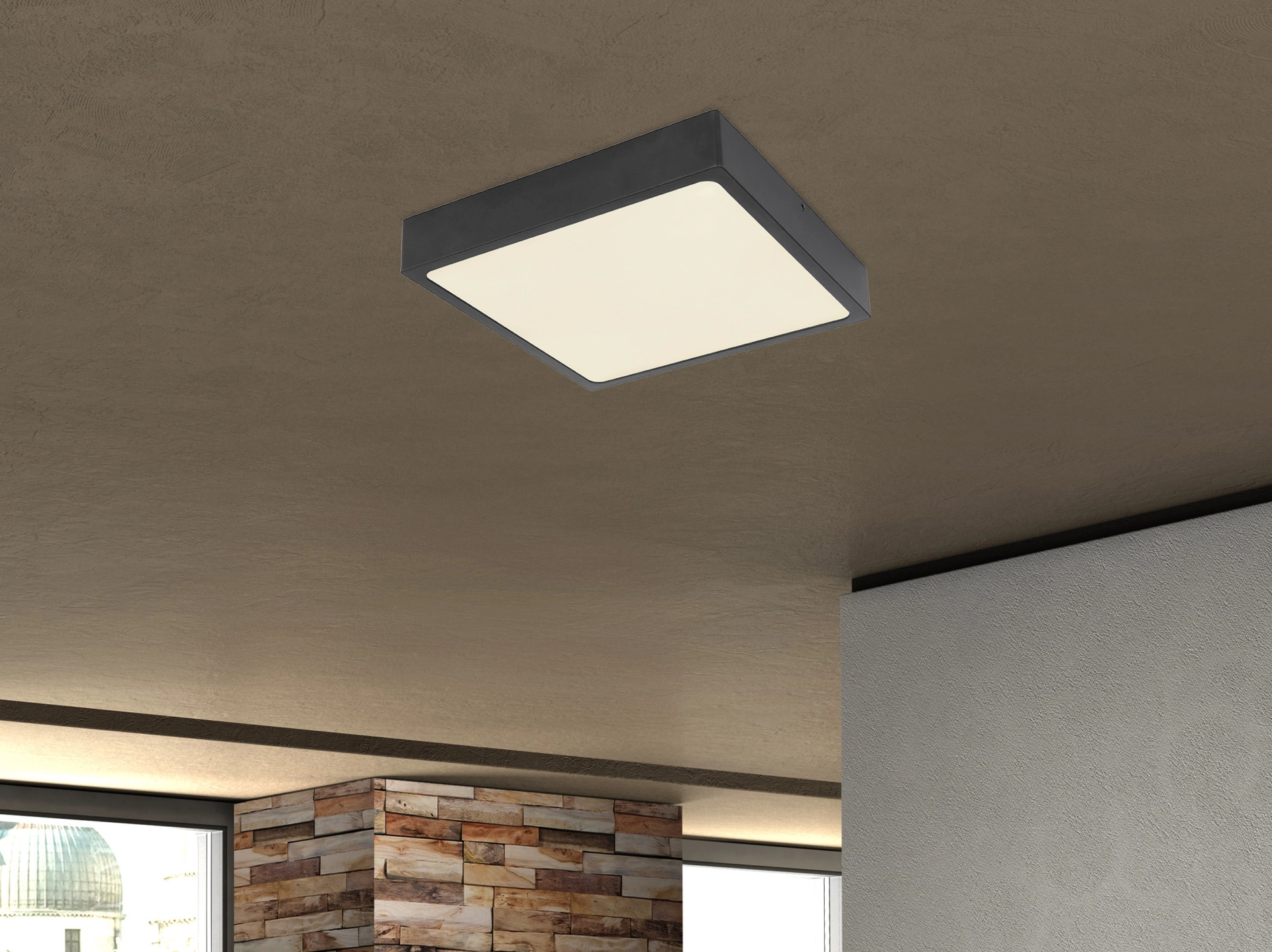Quadratische LED-Deckenleuchte ECHO von Globo Handels GmbH in matt schwarzem Metall mit opaler, satinierter Acrylabdeckung (220x220 mm), dimmbar, warmweißes, weiches Licht – modernes, flaches Design für Wohnräume, Modell 12369-30