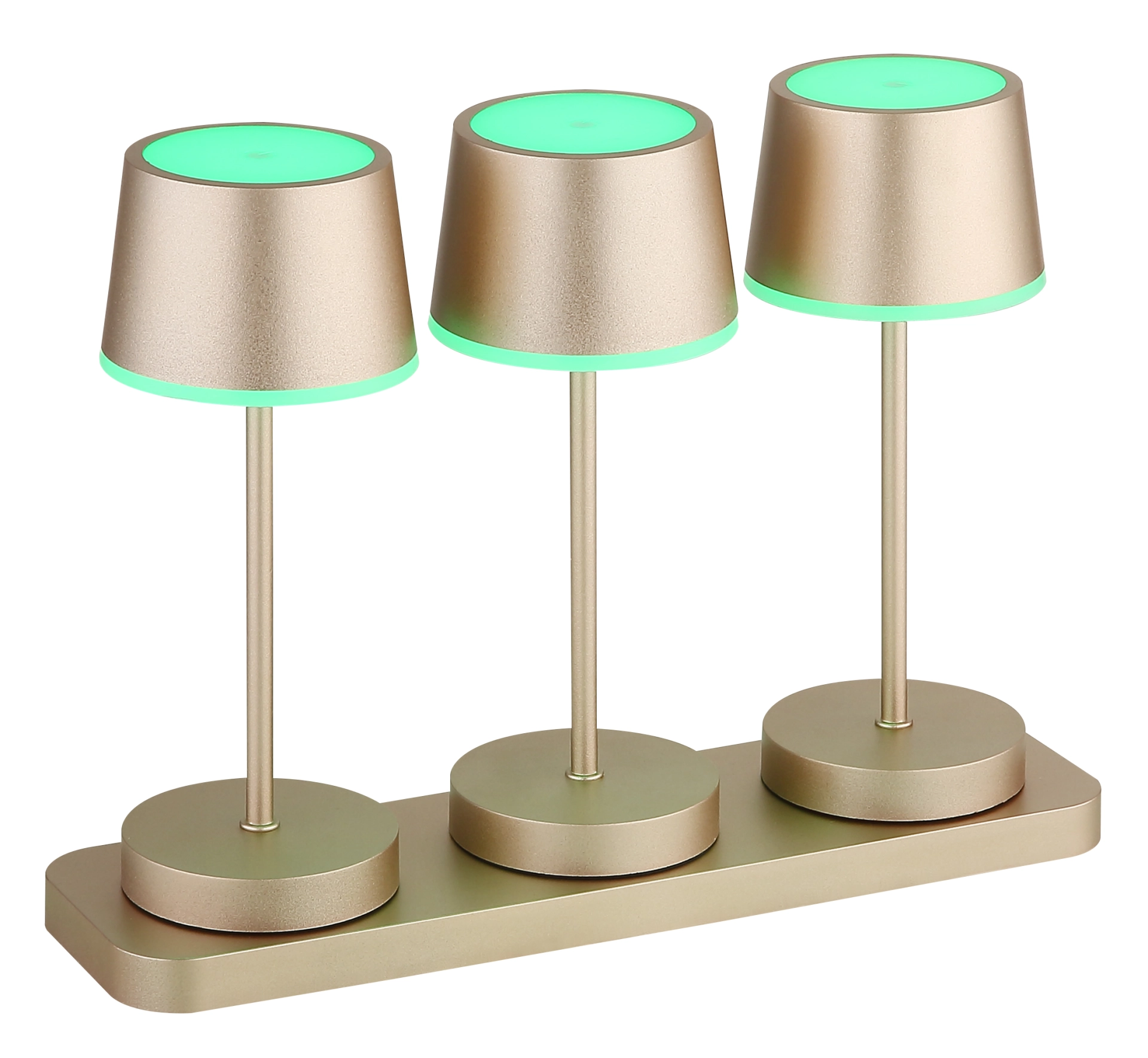 DAWSON Dreier-Tischleuchte aus champagnerfarbenem Metall mit grünem Leuchtrand, 3er-Set, Globo