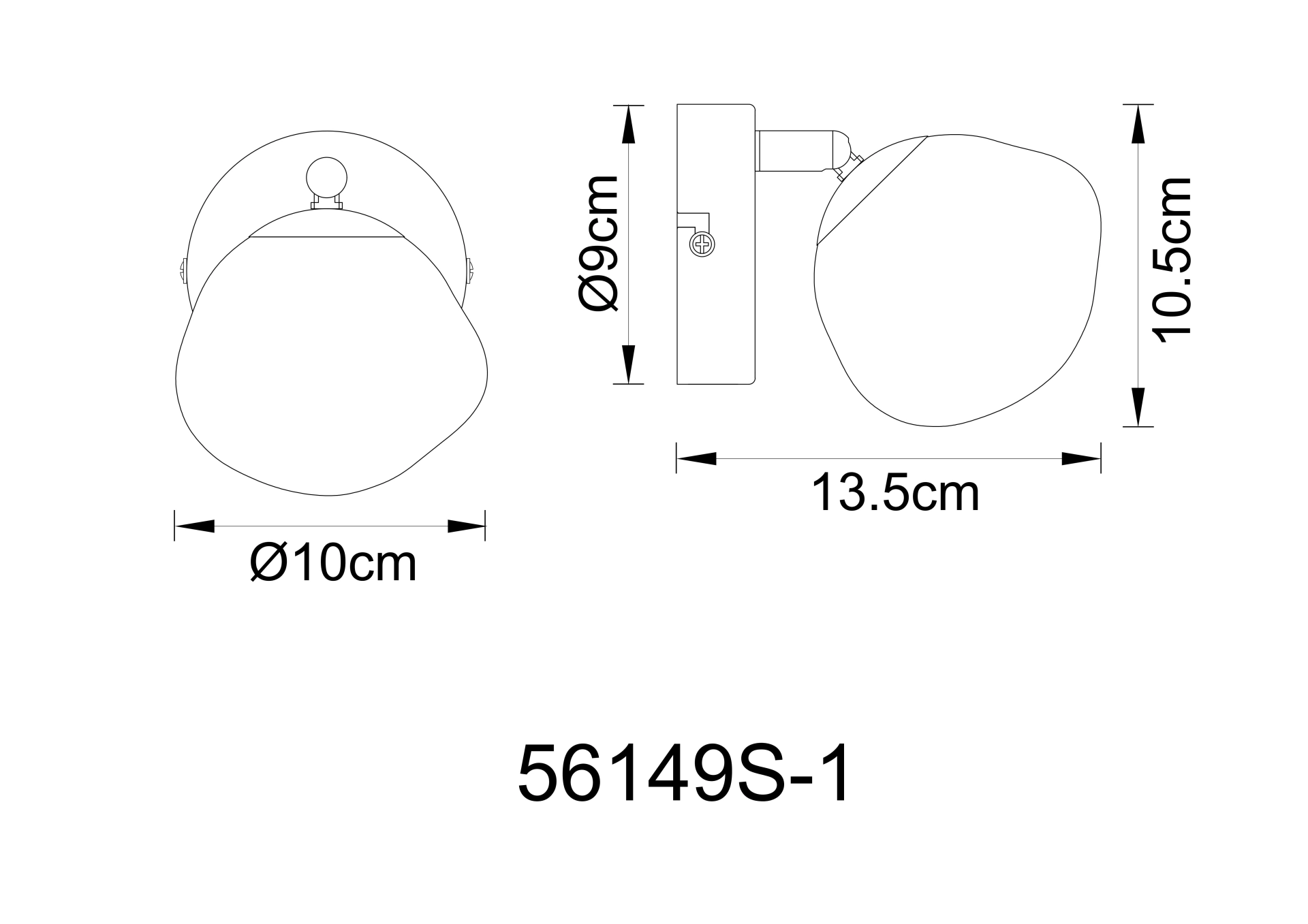 Technische Zeichnung VELORA Strahler 56149S-1 von Globo Handels GmbH: Wandspot aus Metall schwarz matt mit Glas rauchfarben; Maße: Ø10 cm Schirm, Tiefe 13,5 cm, Höhe 10,5 cm, Wandhalter Ø9 cm.