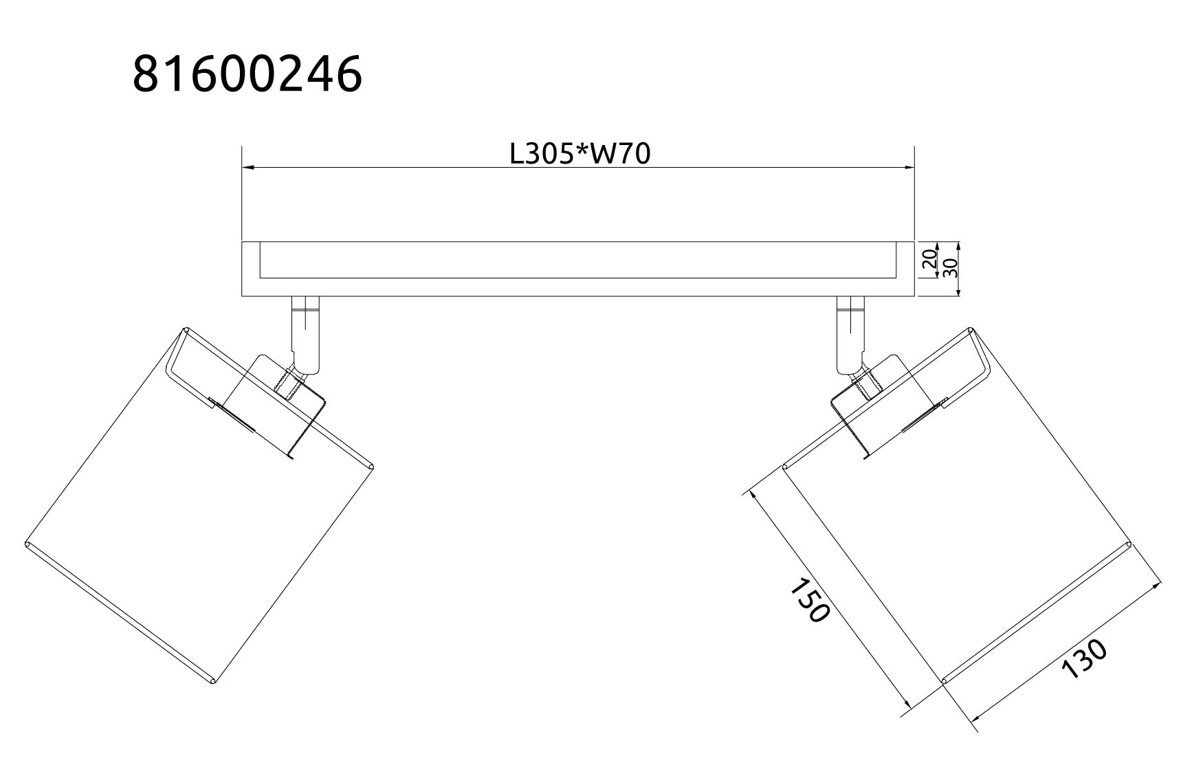 Technische Zeichnung des JULE Strahlers aus Holz in Braun (Art.-Nr. 81600246) von Globo Handels GmbH: Deckenleuchte mit 2 schwenkbaren Spots, Träger L305 x B70 mm, Spot ca. 150 x 130 mm