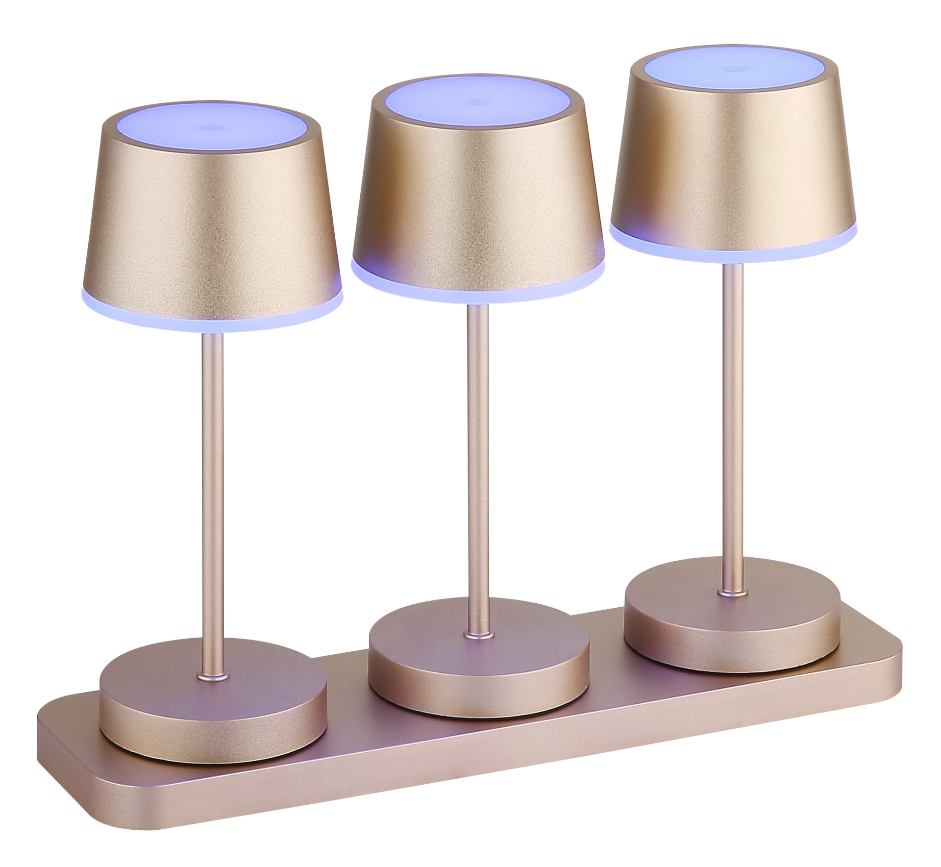 Dawson Tischleuchte mit drei Leuchtköpfen in champagnerfarbener Mattierung, Metall- und Kunststoffkorpus auf Basisplatte