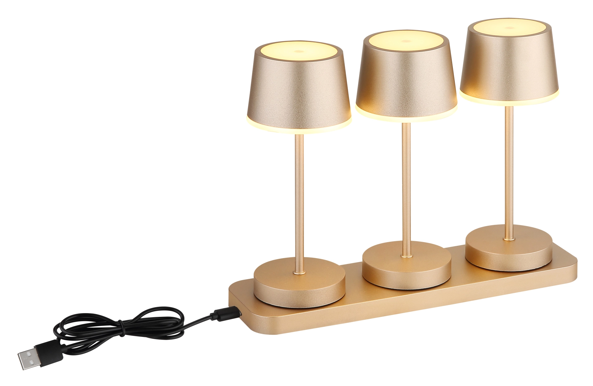 Dreifache Tischleuchte DAWSON in champagnerfarben matt aus Metall mit USB-Kabel.