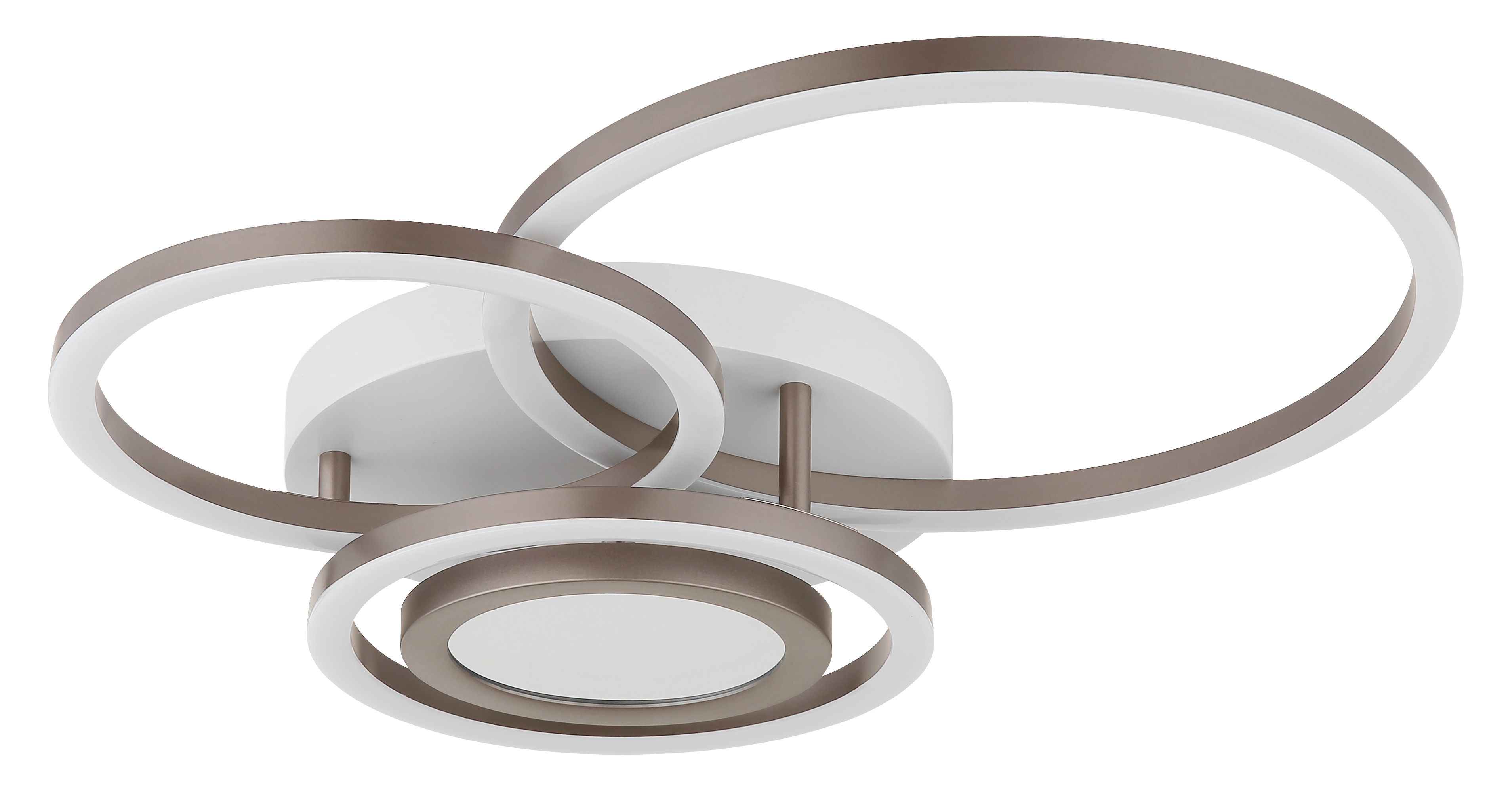 Deckenleuchte mit ineinandergreifenden Ringen in Weiß und Bronze, modernes Design