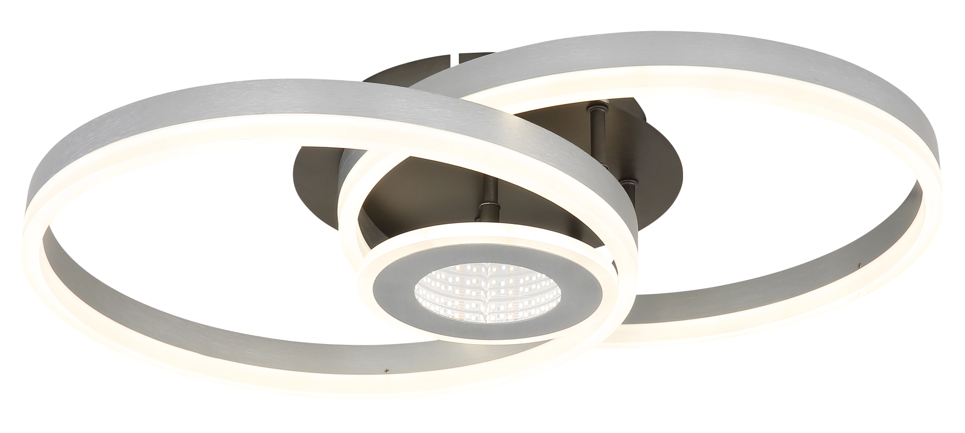 ELORIA LED-Deckenleuchte von Globo Handels GmbH, zwei ineinanderlaufende Leuchtringe aus Aluminium gebürstet, runde Deckenbasis, modernes Design, Produktnummer 67385A-42