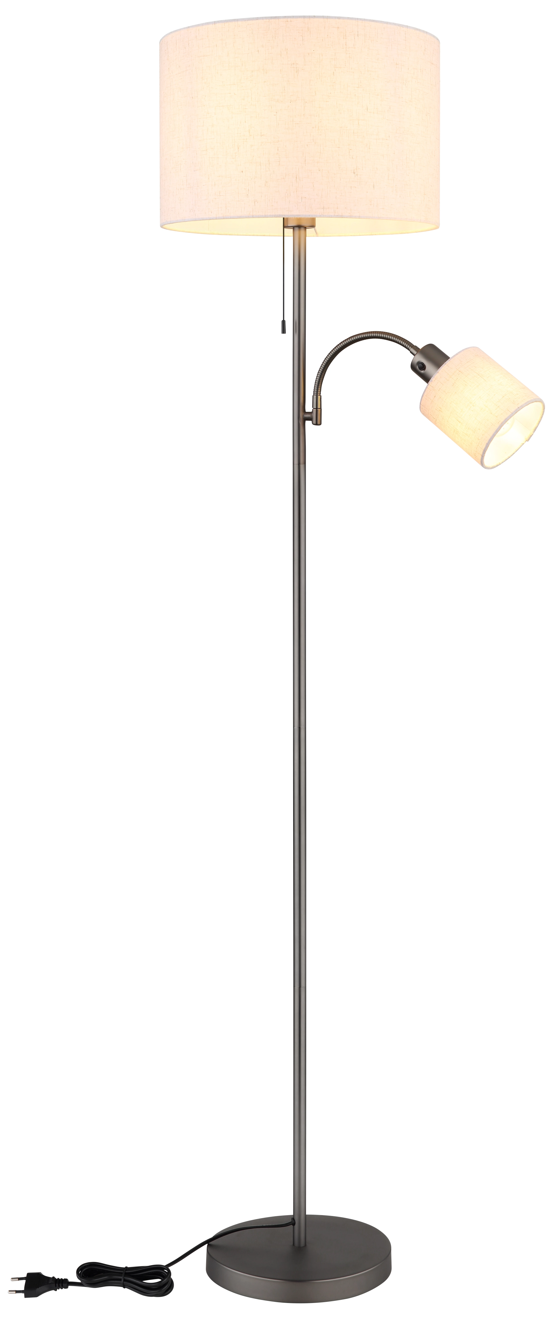 THEA Stehleuchte von Globo Handels GmbH: Metall-Gehäuse in schwarz-chrom matt, cremefarbener Leinen-Schirm, integrierte Leseleuchte am Arm.