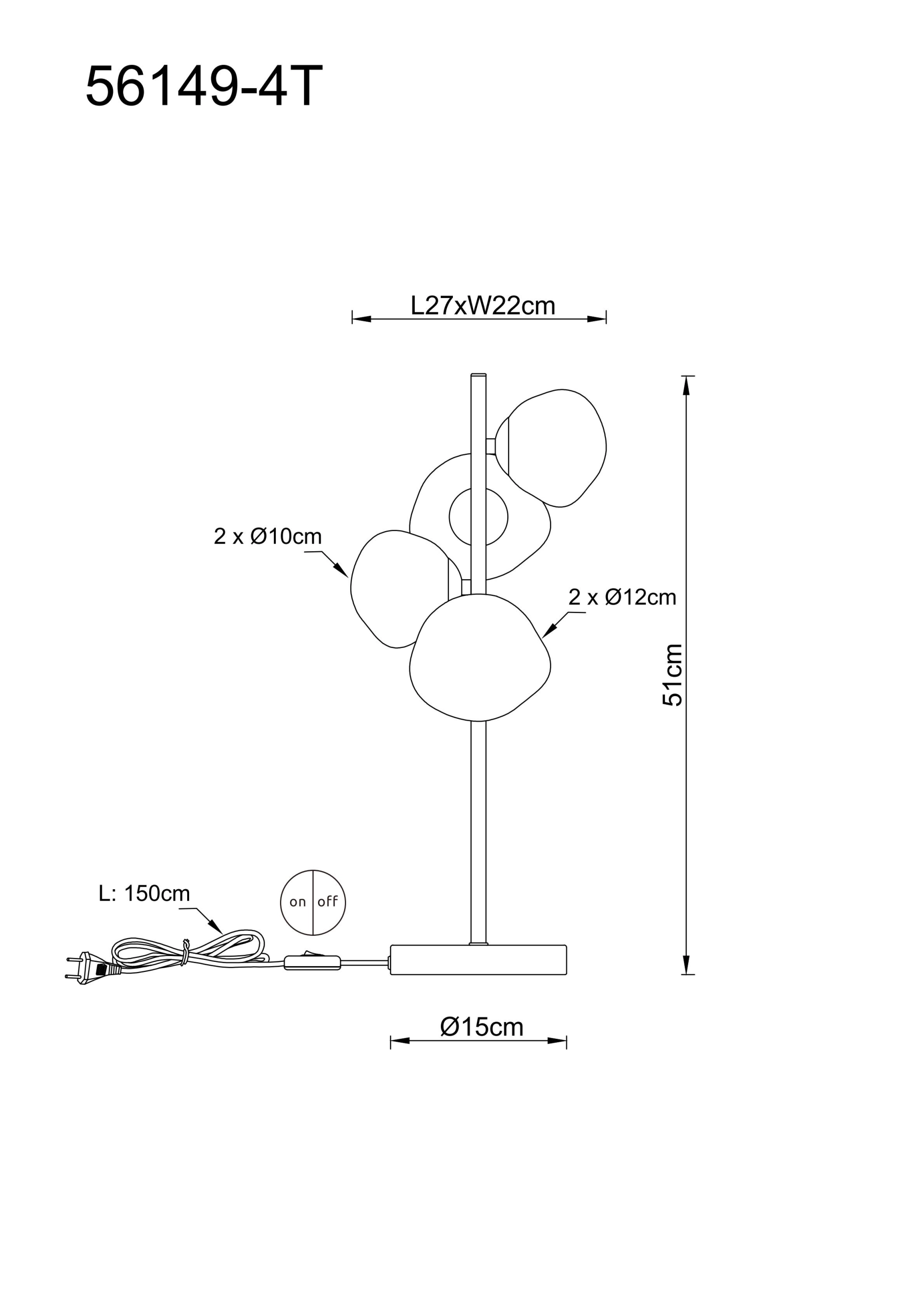 Technische Zeichnung der VELORA Tischleuchte von Globo Handels GmbH: Metall schwarz matt, 4 rauchfarbene Glas-Schirme Ø10/Ø12 cm, Höhe 51 cm, L27 x B22 cm, Fuß Ø15 cm, Kabel 150 cm, Artikel 56149-4T.