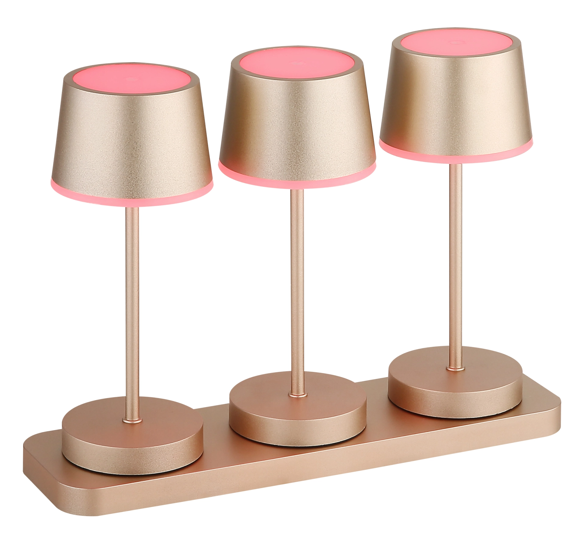 Dawson Tischleuchte im 3er-Set: goldfarben-matter Metallstab, champagnerfarbene Lampenschirme mit pinker Randleiste, Globo Handels GmbH
