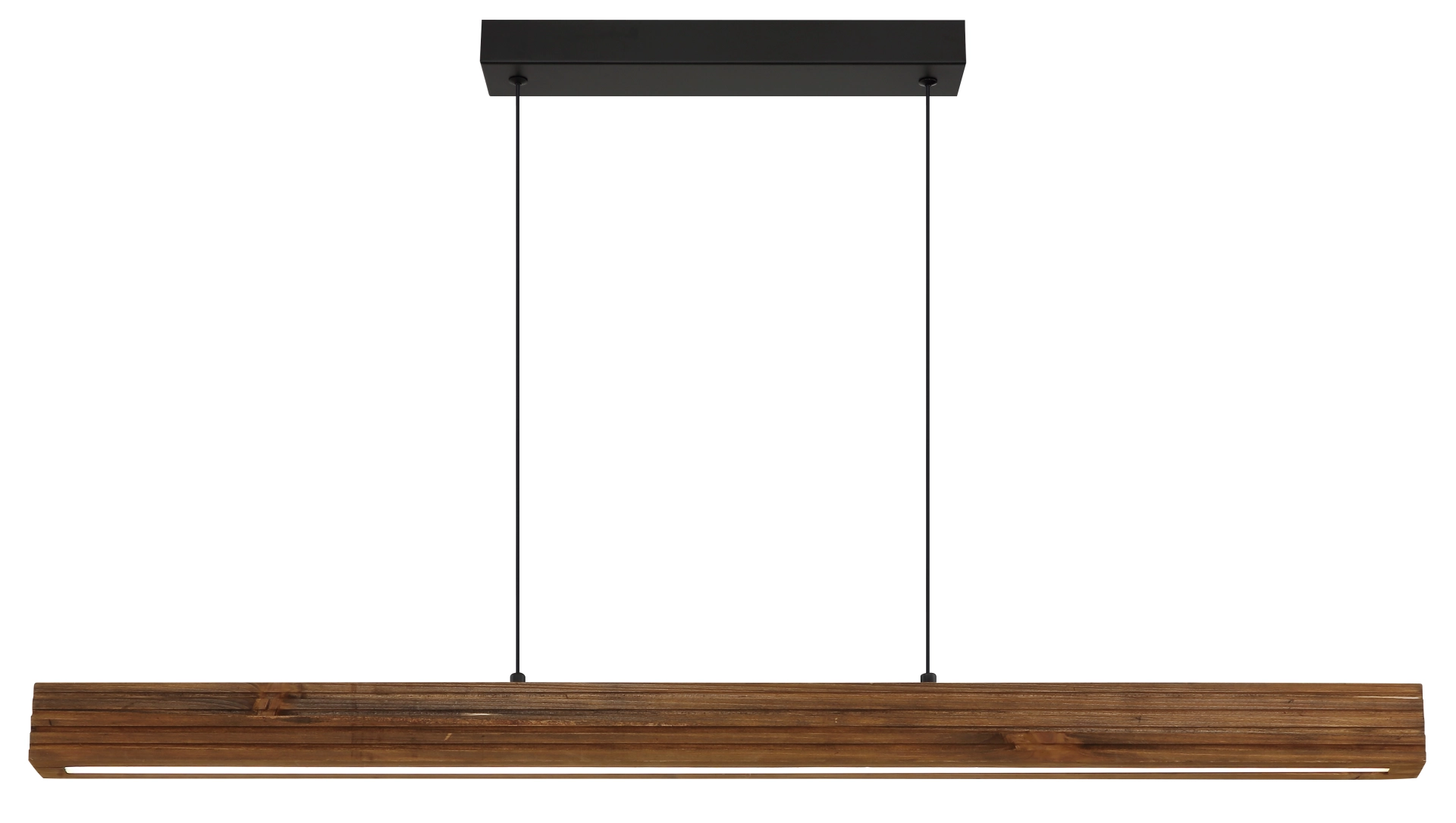 OAKRA Pendelleuchte von Globo Handels GmbH: längliche LED-Hängeleuchte mit dunkelbraunem Holz-Balken und matt schwarzer Metall-Deckenplatte, Artikel 17022 – ideal über Esstisch oder Kücheninsel