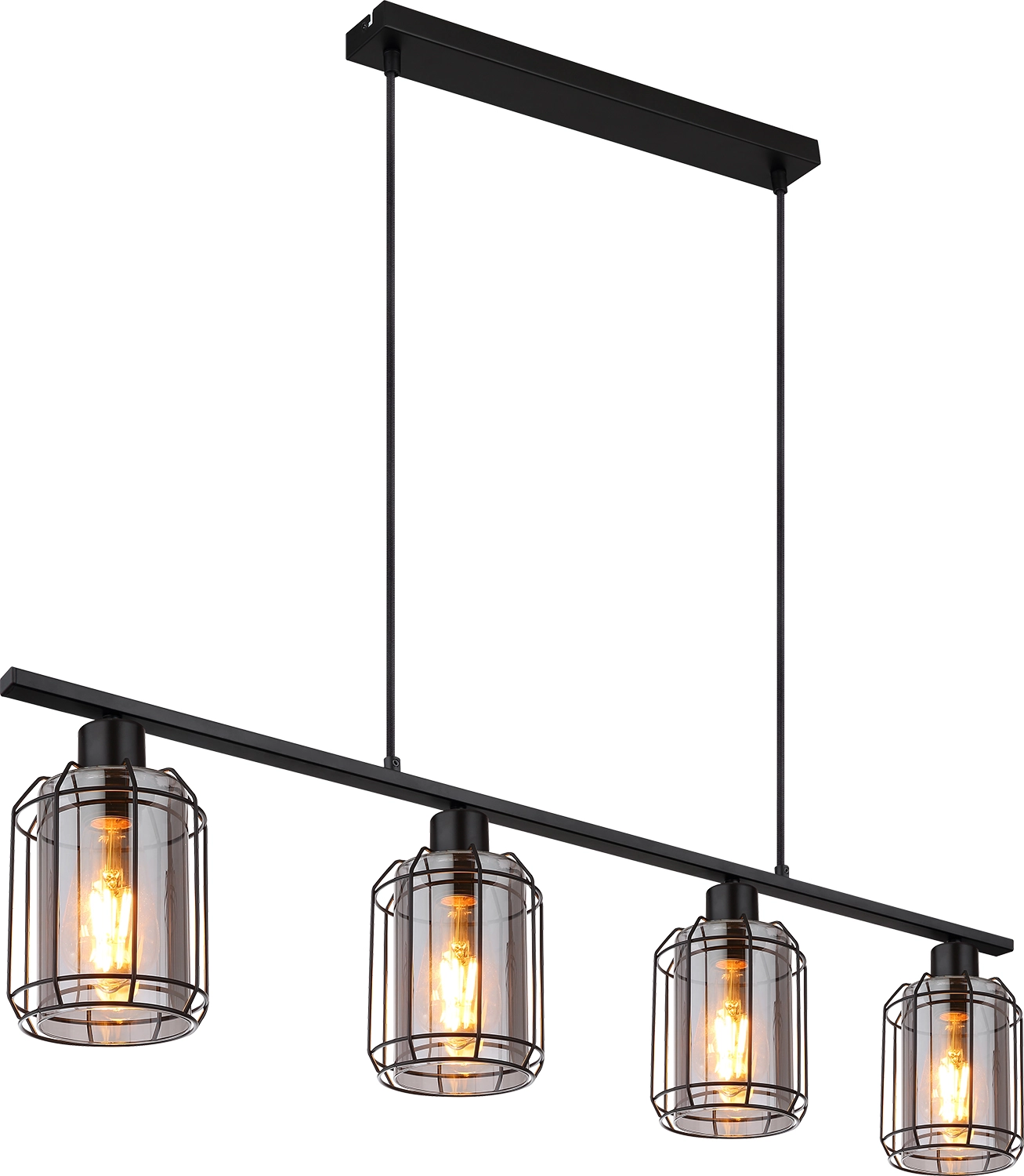 Hängeleuchte aus Metall schwarz matt mit vier E27-Fassungen; Gläser neu gestaltet, rauchfarbene Glaskuppeln, moderne Pendelleuchte von Globo Handels GmbH, Modell 15559-4H