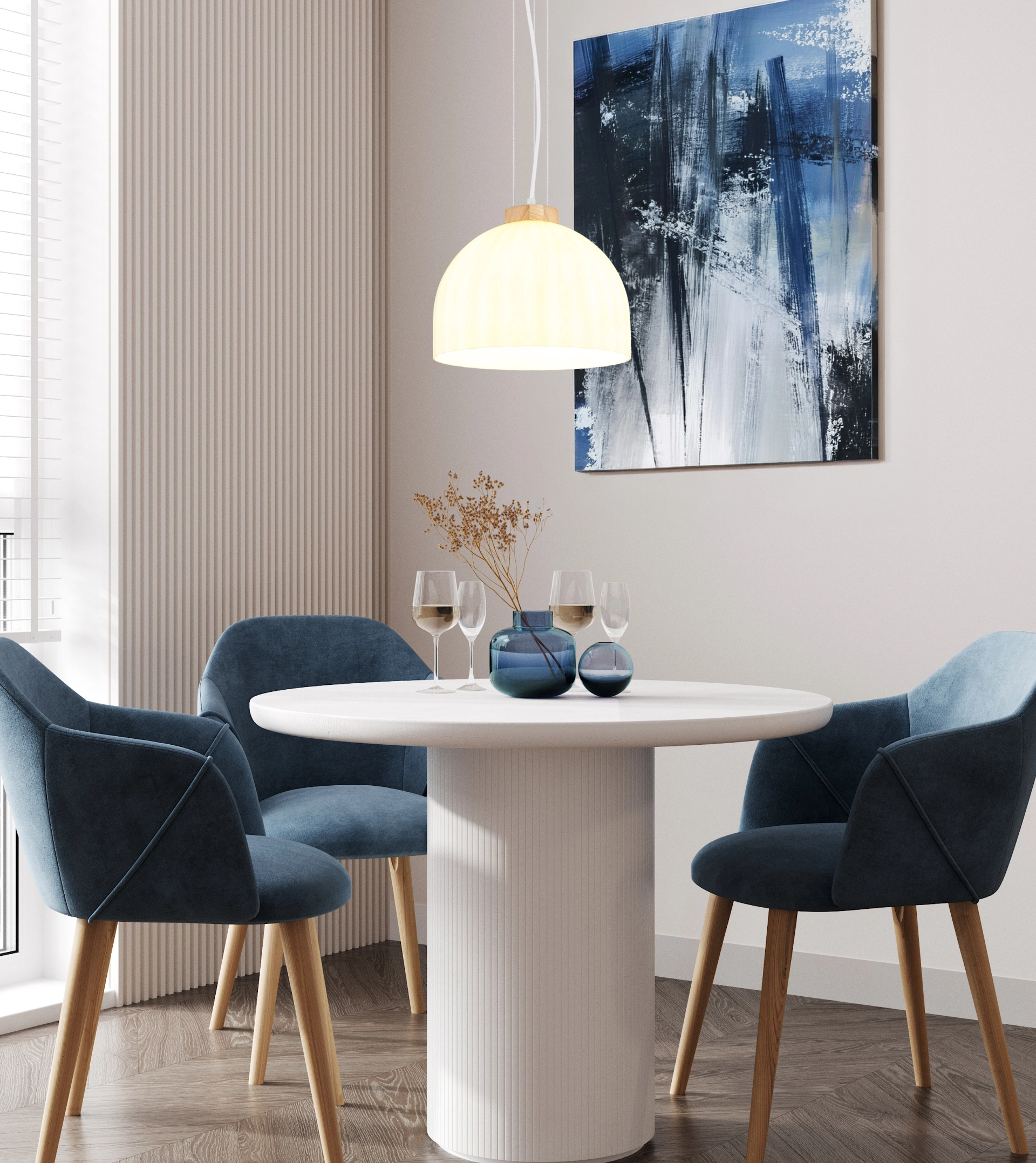 Suspension SWANSON avec abat-jour en verre opale cannelé, métal blanc mat et détail en bois au‑dessus de la table ; design vintage élégant, Globo Handels GmbH, modèle 15979H1W