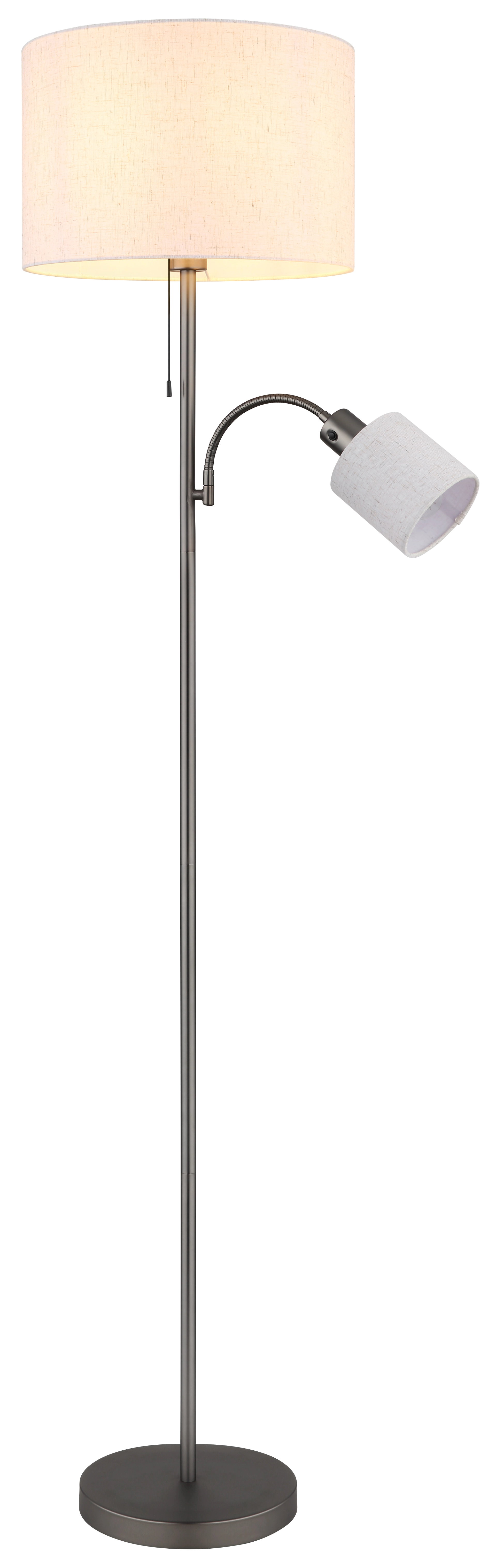THEA Stehleuchte mit cremefarbenem Leinenschirm, schwarzes-chrom mattes Metallgestell, verstellbarer Lesearm und runder Bodenfuß – ideal für Wohnzimmer oder Flur