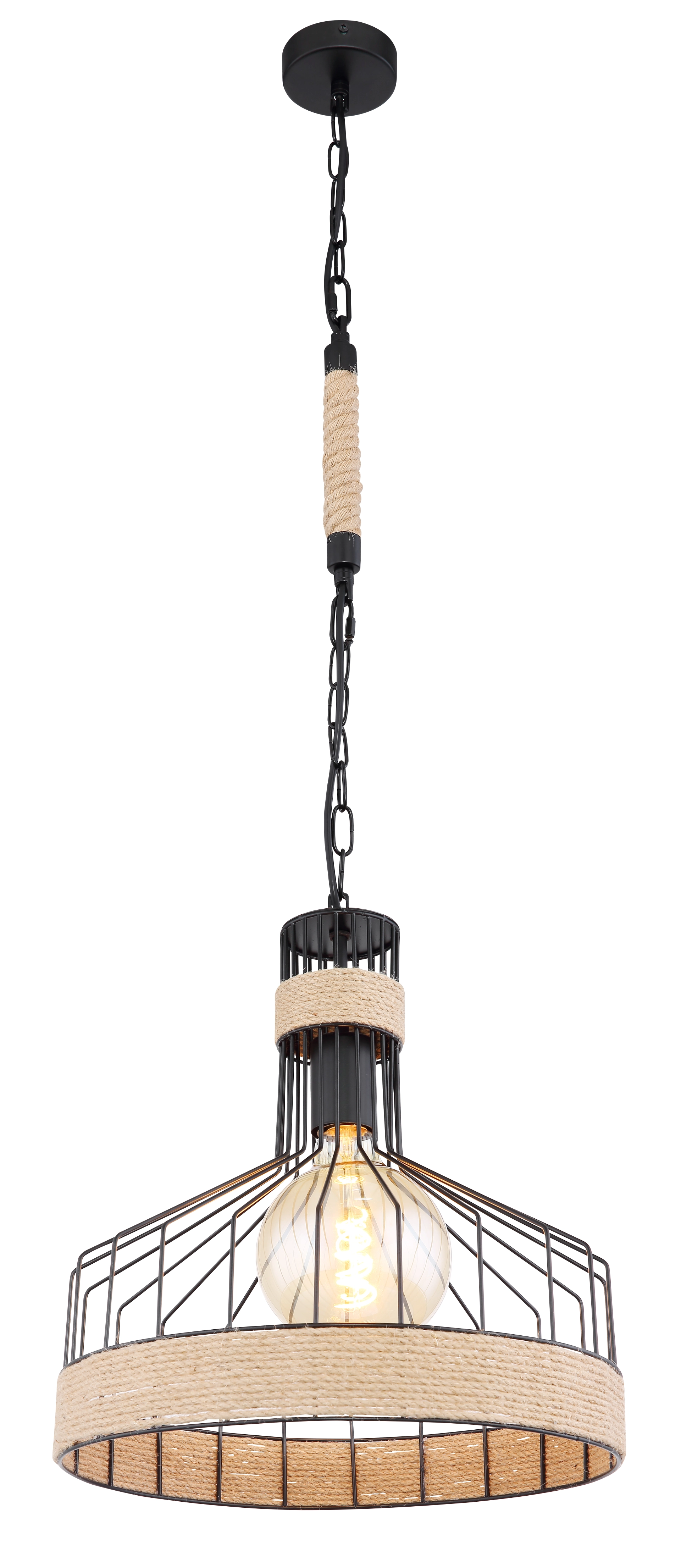 HALIA Hängeleuchte: schwarzer Metall-Gitterschirm mit Hanfseil-Akzenten, Kettenabhängung und sichtbarem E27-Leuchtmittel; Ø35 cm, Länge 135 cm; LED-geeignet; Hersteller Globo Handels GmbH, Modell 15675H1