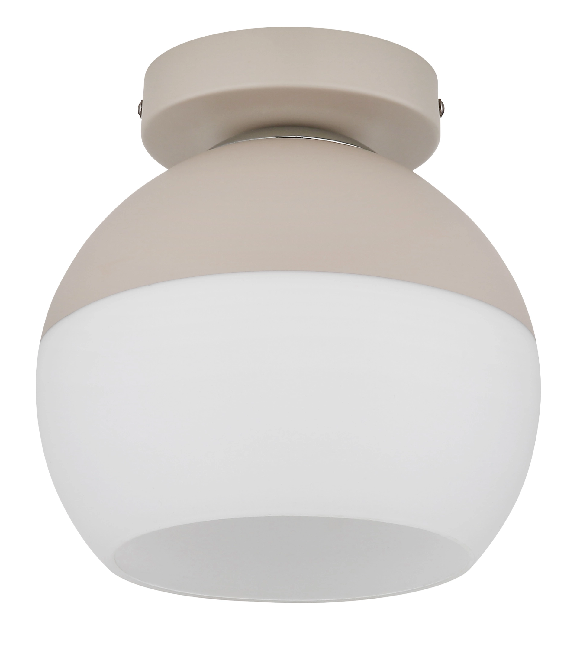 Produktfoto der Deckenleuchte RAGUSA von Globo Handels GmbH: sandfarbener Metallkorpus matt mit sandfarbener, matter Glaskugel; Modell 15999-1D – moderne, kompakte Innenraum-Deckenlampe.