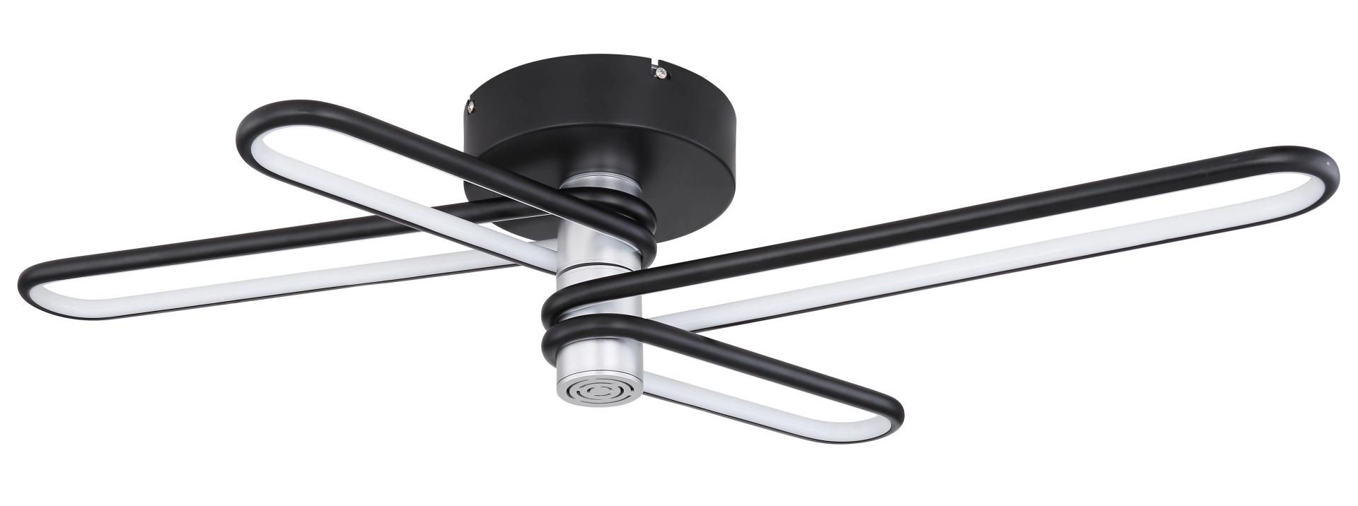 Moderne Deckenlampe TOPPOLE von Globo Handels GmbH, 91,5x46,5 cm: vier abgerundete, L-förmig angeordnete Aluröhren in Schwarz matt mit opalem Diffusor, integrierter 5W Bluetooth-Lautsprecher, warmweißes LED-Licht 1400 lm/3000 K, Modell 58007DL