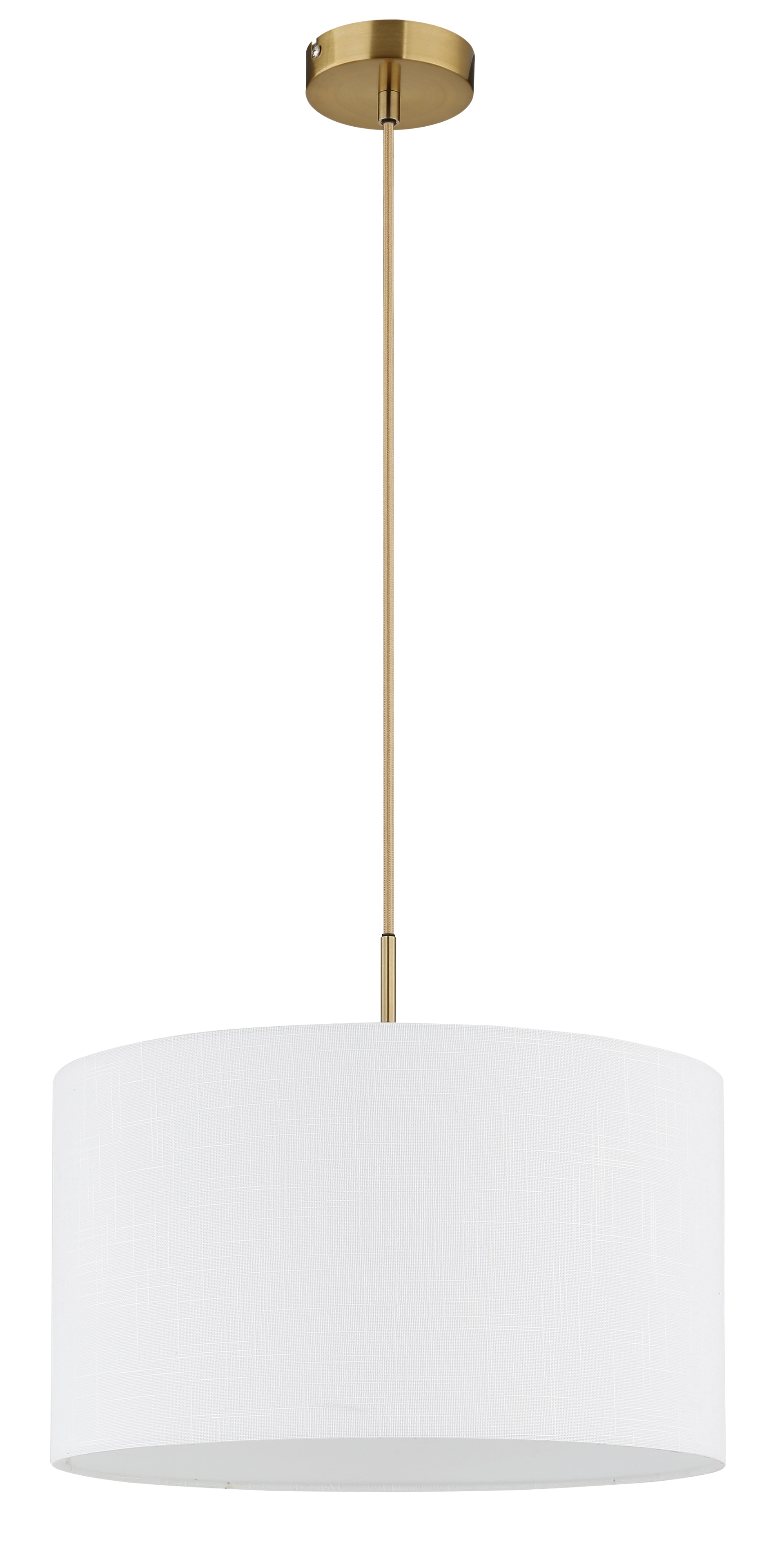 Hängeleuchte TRUETT mit messingfarbener Metall-Akzentuierung und weißem Leinenlampschirm, Deckenmontage in Messing, stilvolle Beleuchtung für Wohnbereiche