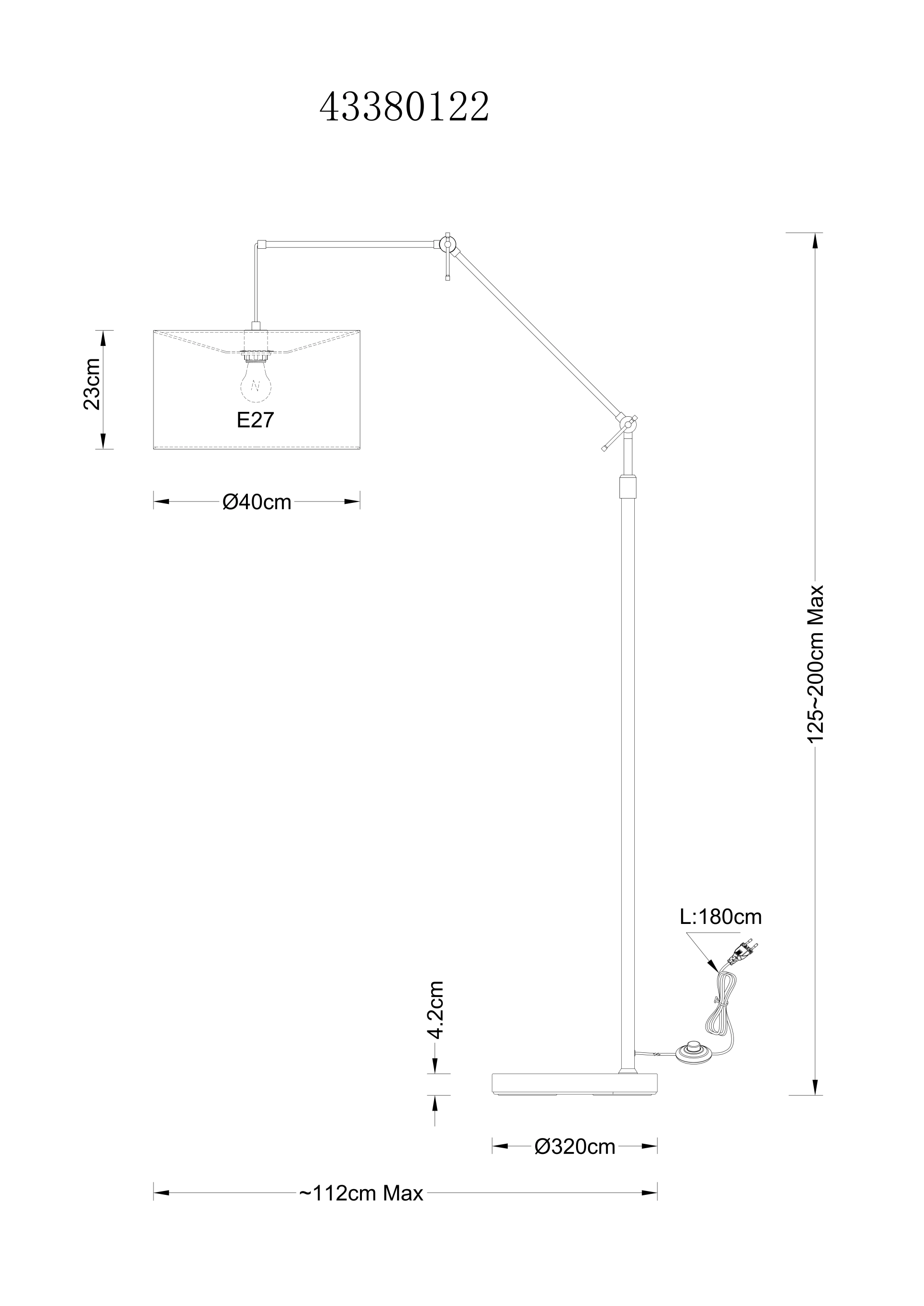 Technische Zeichnung der Stehleuchte ROM von Globo Handels GmbH: sandfarbenes Metall, E27-Fassung, Schalter; Schirm Ø40×23 cm, Höhe 125–200 cm, Ausladung bis 112 cm, Fuß Ø32 cm/4,2 cm, Kabel 180 cm; ohne Leuchtmittel.