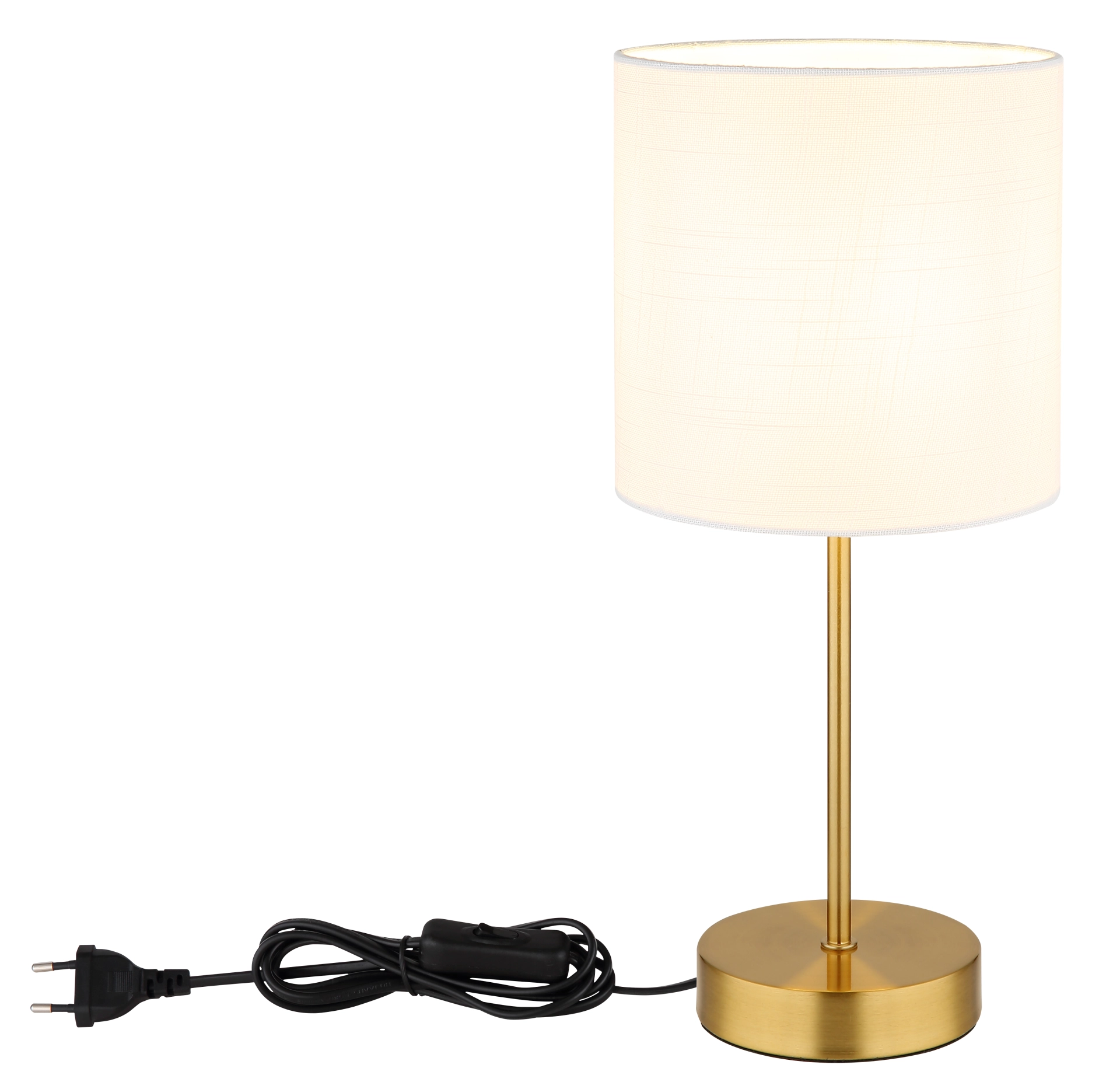 TRUETT Tischleuchte aus Metall, messingfarben matt, Leinenweiß Lampenschirm, inkl. Netzkabel – Globo Handels GmbH