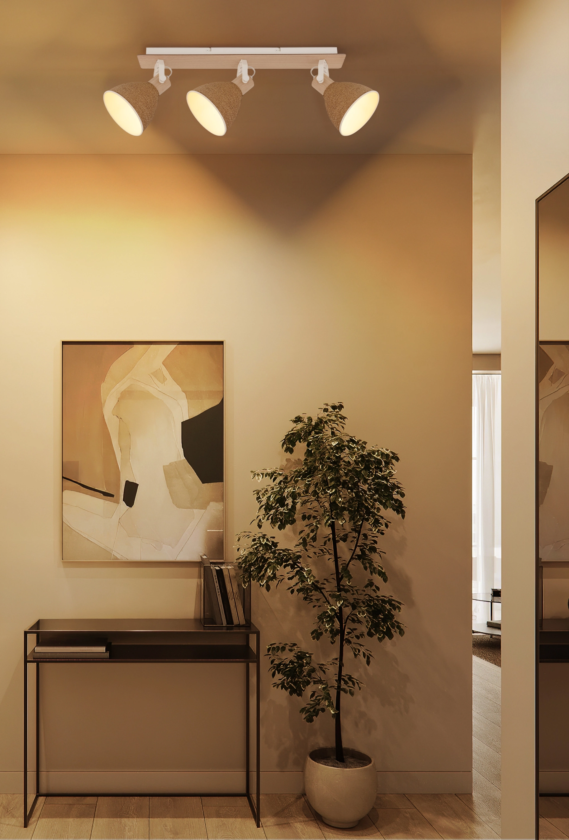 LYNDON ceiling spotlight with three adjustable paper-cord shades, matte white metal body and wood-look backplate; warm modern lighting. Manufacturer: Globo Handels GmbH, item 16466-3