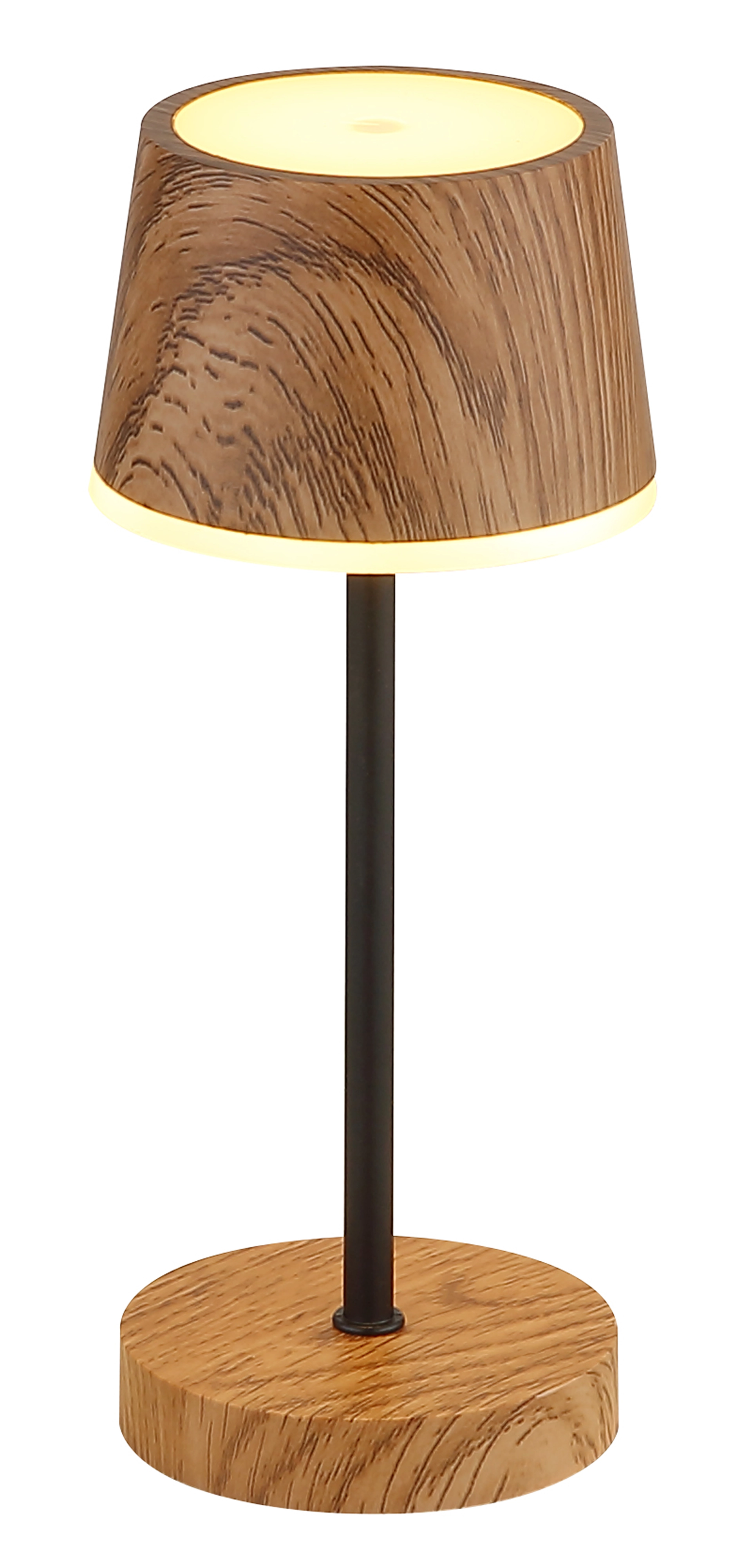 Tischleuchte DAWSON in Holzoptik dunkel mit Holzfuß und Metallstiel, warmweißes Licht