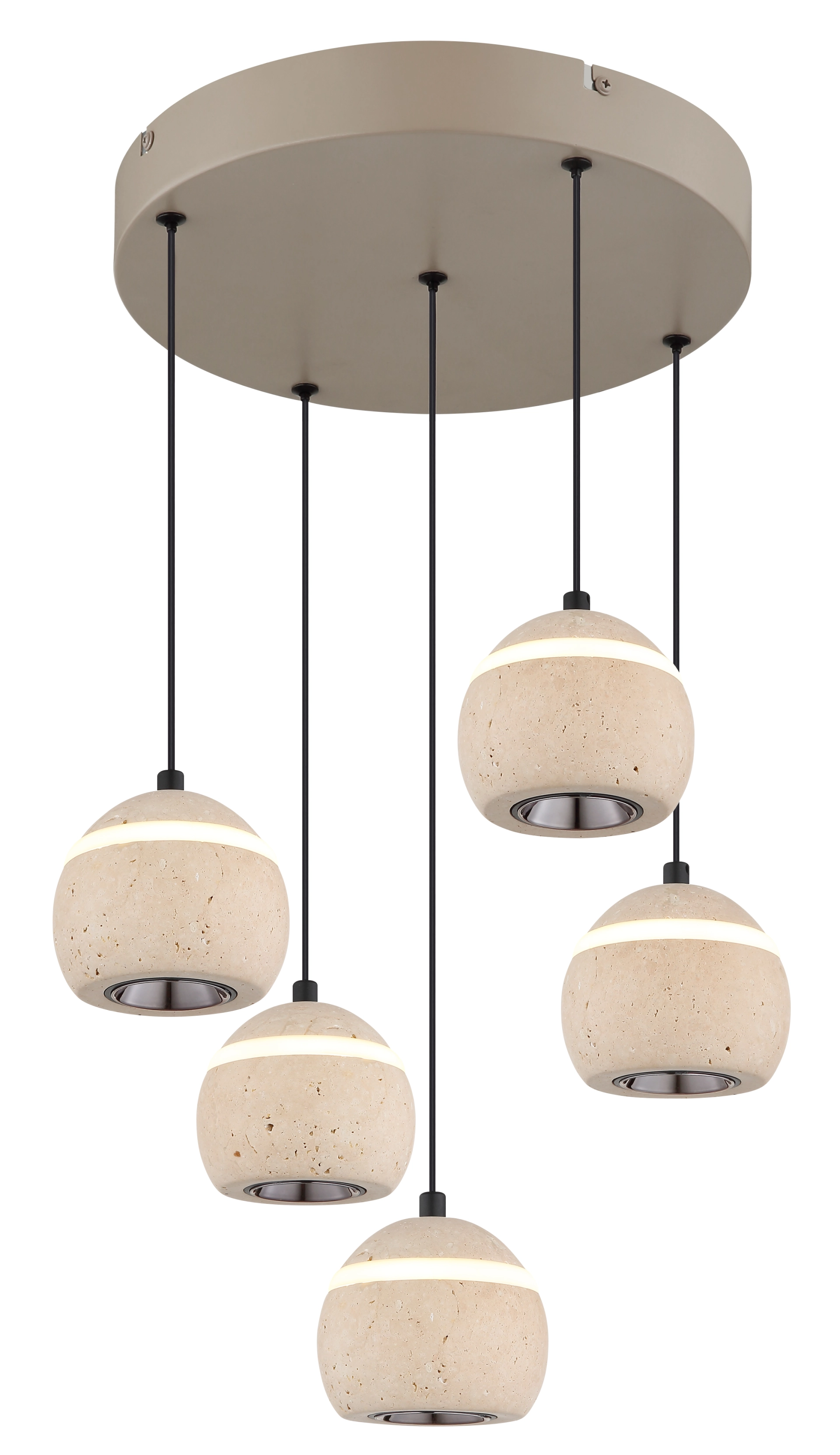 EVARA Pendelleuchte 5-flammig von Globo Handels GmbH; runde Deckenrosette aus Metall sandfarben matt, kugelige Schirme aus Travertin natur mit LED-Lichtband, Modell 16067-5R.