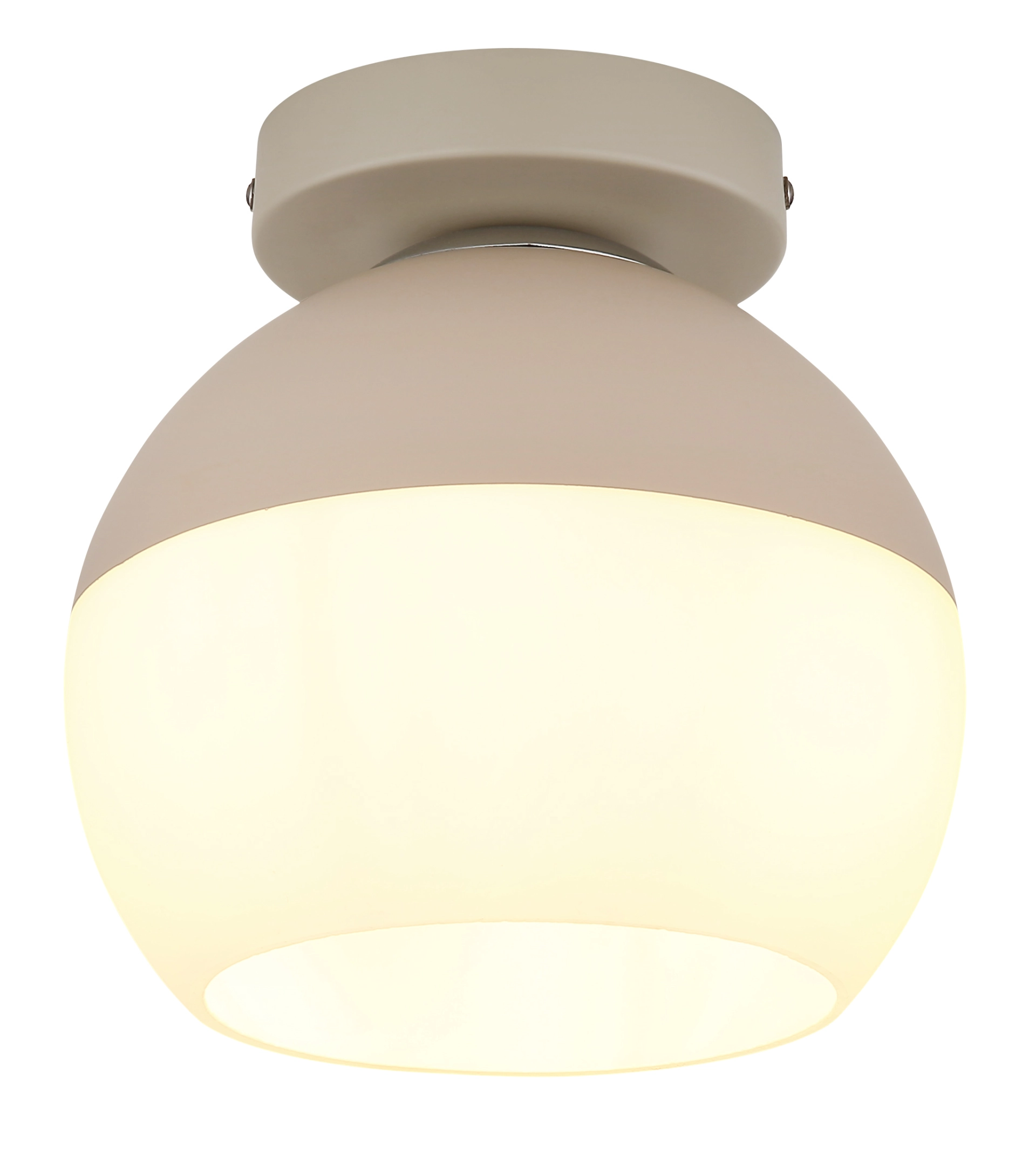 Nahaufnahme der Deckenleuchte RAGUSA: runde sandfarbene matte Metallbasis mit sandfarbener matter Glaskugel, warmes Licht; Hersteller Globo Handels GmbH, Modell 15999-1D.