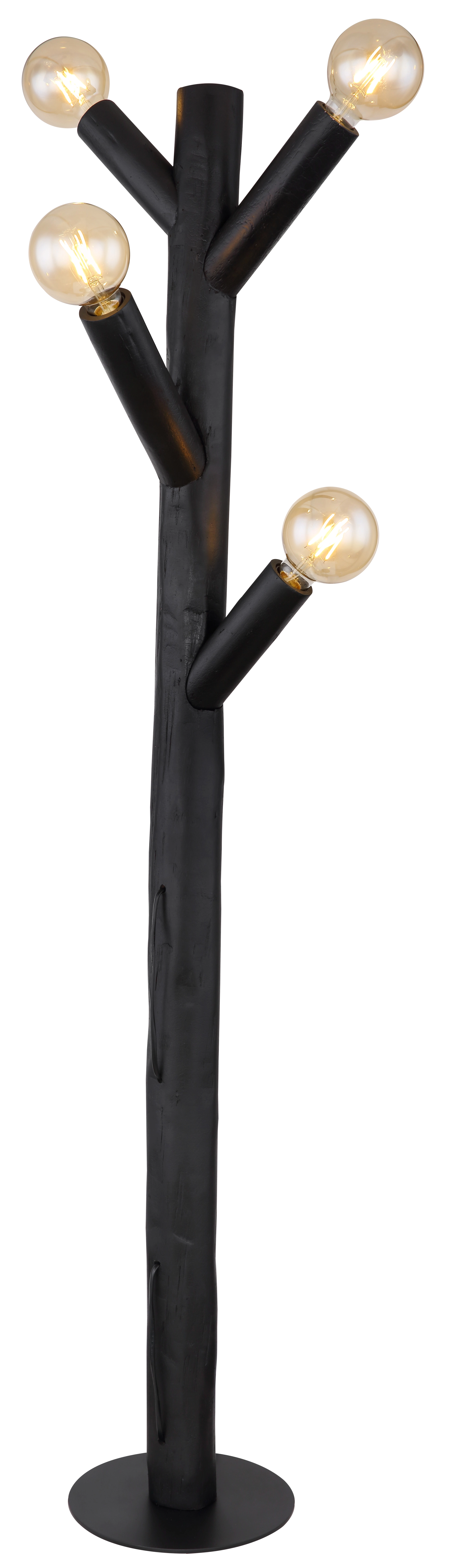 Stehlampe RAY von Globo Handels GmbH in Baumoptik: schwarzer Stab aus Holz/Metall, runde Bodenplatte ø25 cm, 150 cm hoch, vier verästelte Fassungen mit E27-Leuchtmitteln, Schalter inklusive – Modell 15441S1B