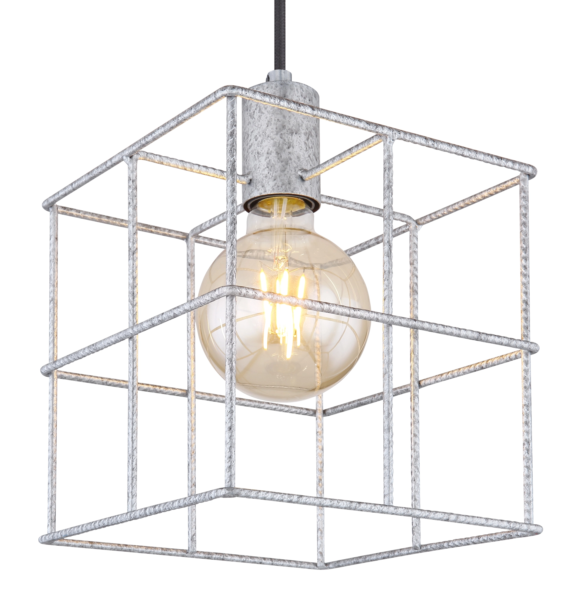 MERRIL quadratische Hängelampe 20x20 cm mit silbernem Metallgitter, sichtbarer E27-Fassung am schwarzen Kabel, höhenverstellbar bis 150 cm; bestückbar mit E27-Leuchtmittel nach Wahl. Globo Handels GmbH, Modell 15530Z-1H – moderne Pendelleuchte.