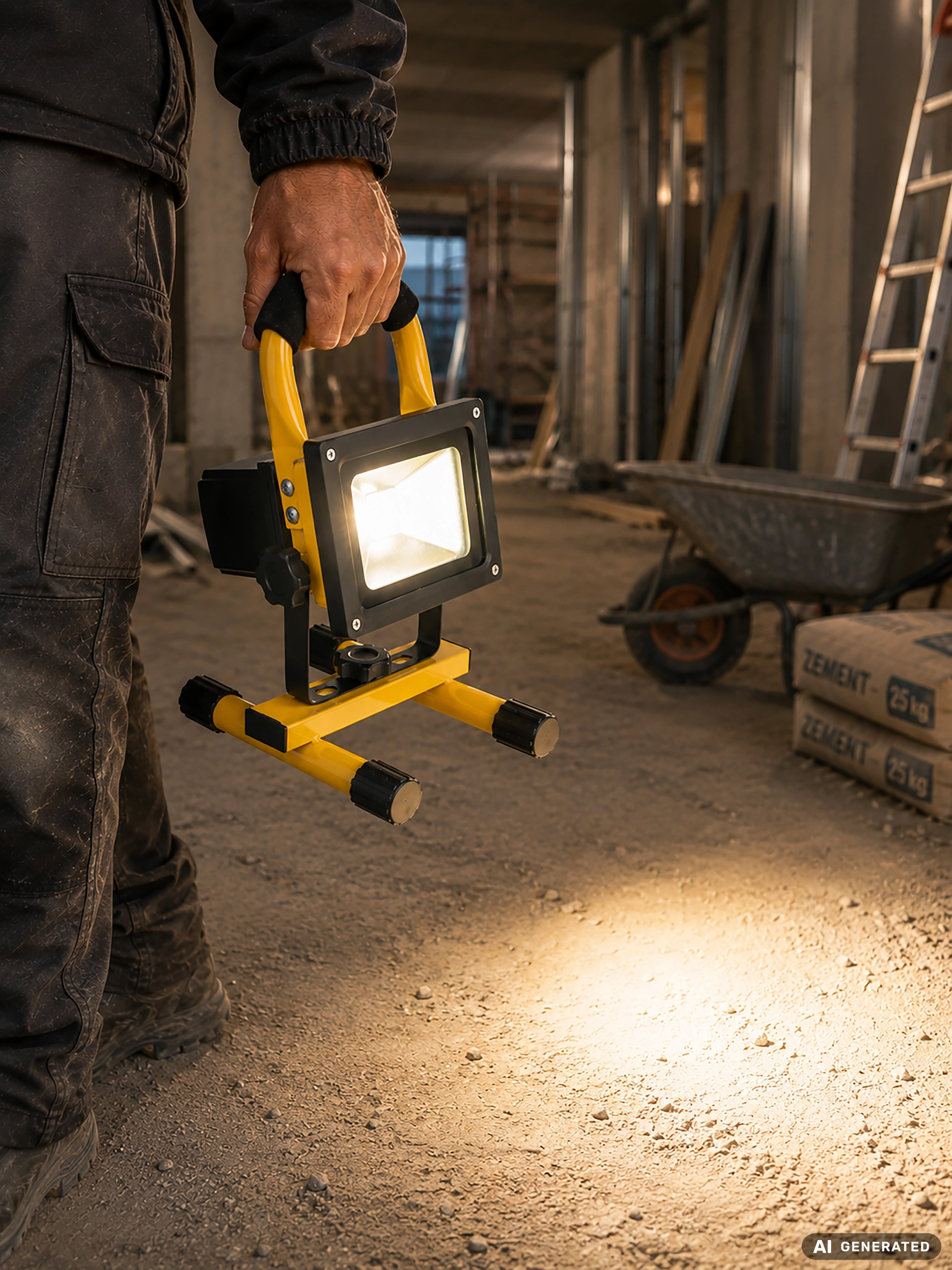 Globo Lighting BERND: gelb-schwarzer LED-Baustrahler aus Aluminium-Druckguss mit Tragegriff, leuchtend auf einer Baustelle getragen, kompakte spritzwassergeschützte Außenleuchte für Heimwerker und Outdoor