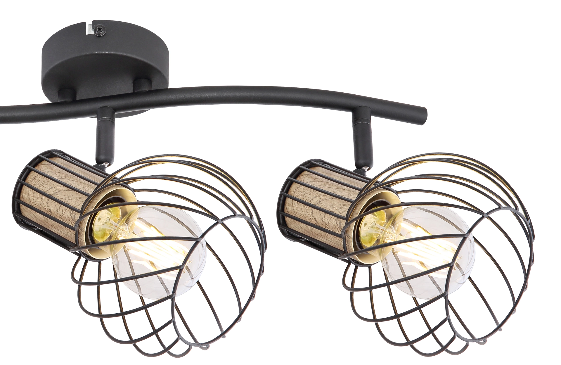 Produktfoto: Deckenstrahler LUISE, 2-flammig, schwarz mit Holzoptik und geschwungenem Drahtgeflecht, E27-Fassungen bis 40W, geeignet für dimmbare und nicht dimmbare Leuchtmittel, Hersteller Globo Handels GmbH, Artikel 54012-3DS