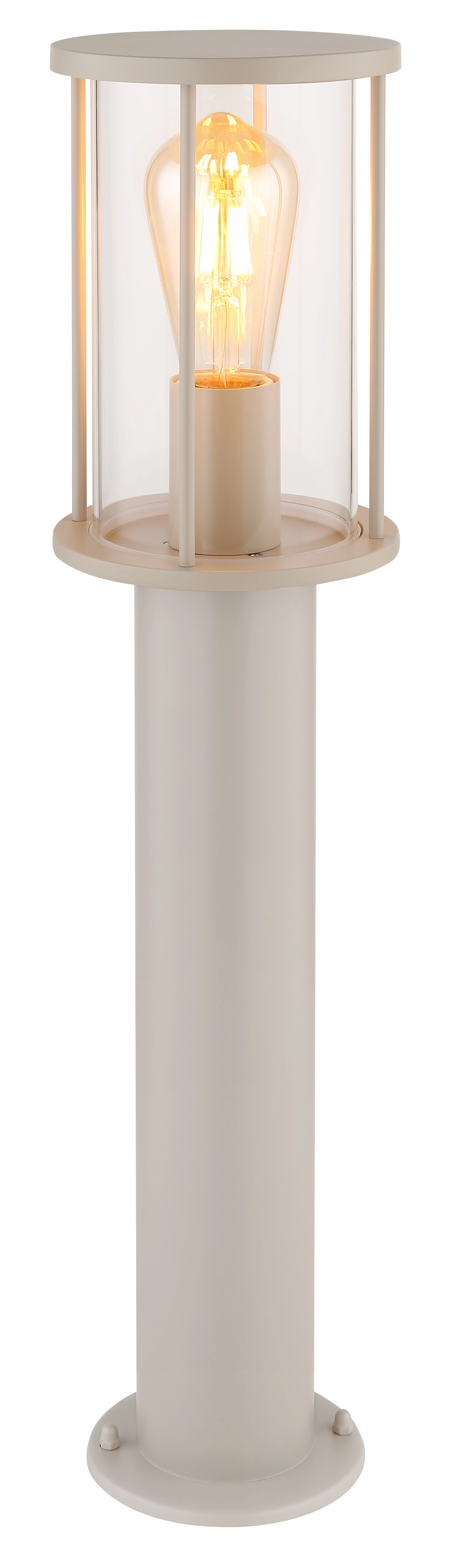 Lanterne GRACEY en acier inoxydable avec finition sable mate, verre clair et ampoule visible, design moderne