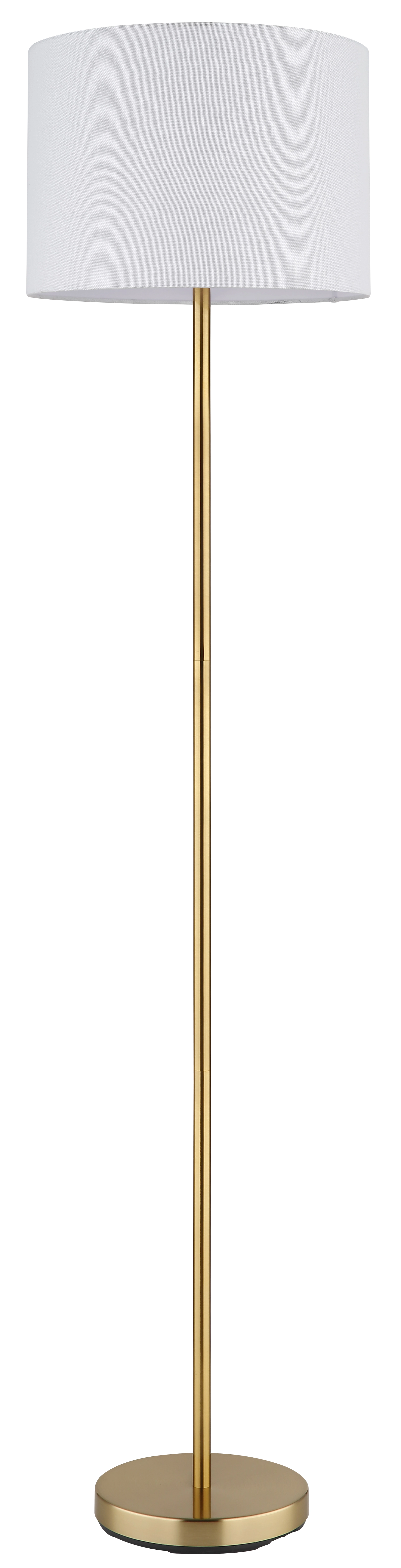 Bild der TRUETT Stehleuchte von Globo Handels GmbH: messingsfarbenes Metallgestell, matt, großer weißer Leinenschirm, elegante Beleuchtung für Wohnzimmer
