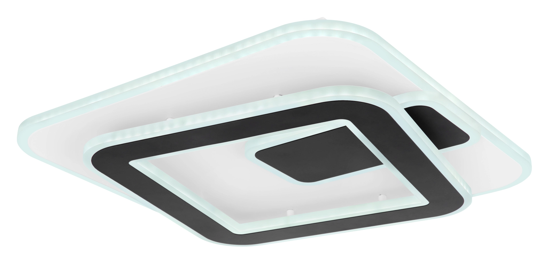 Abgebildet ist die LED-Deckenleuchte RODAN von Globo aus Acryl und Metall in Weiß und Schwarz matt mit modernem, geometrischem Design, dimmbarer Lichtfarbe von 3000 bis 6000 K, Fernbedienung sowie Nachtlicht- und Memoryfunktion.