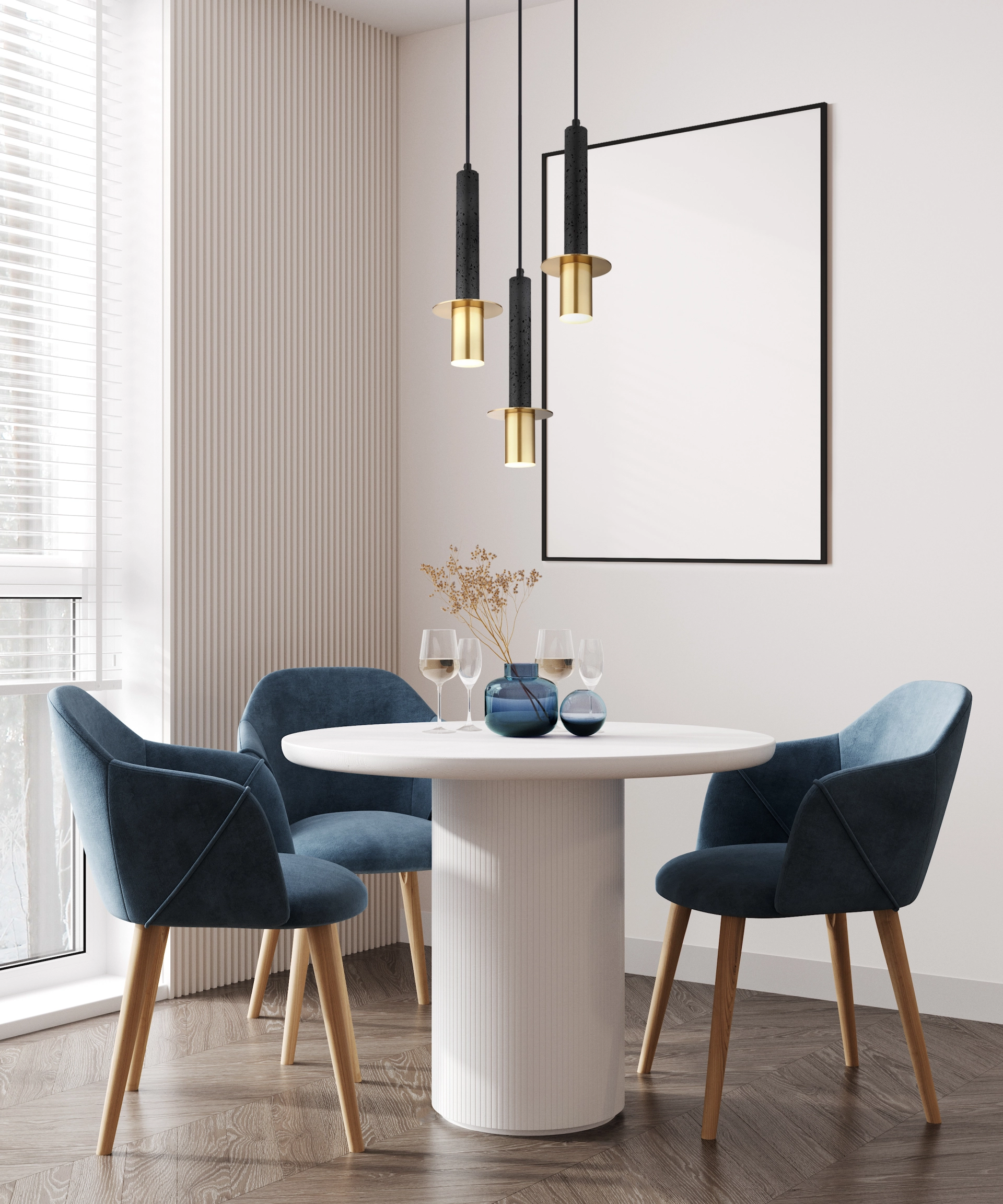 Hängeleuchte SHANNA von Globo Handels GmbH über rundem Esstisch: drei schwarze Travertin-Zylinder mit messingfarbenen Scheiben, runder Baldachin, 3x GU10, dimmbar. Ikonisches Vintage-Design für Innenräume; ideal über Essbereich, Küche oder Wohnraum.