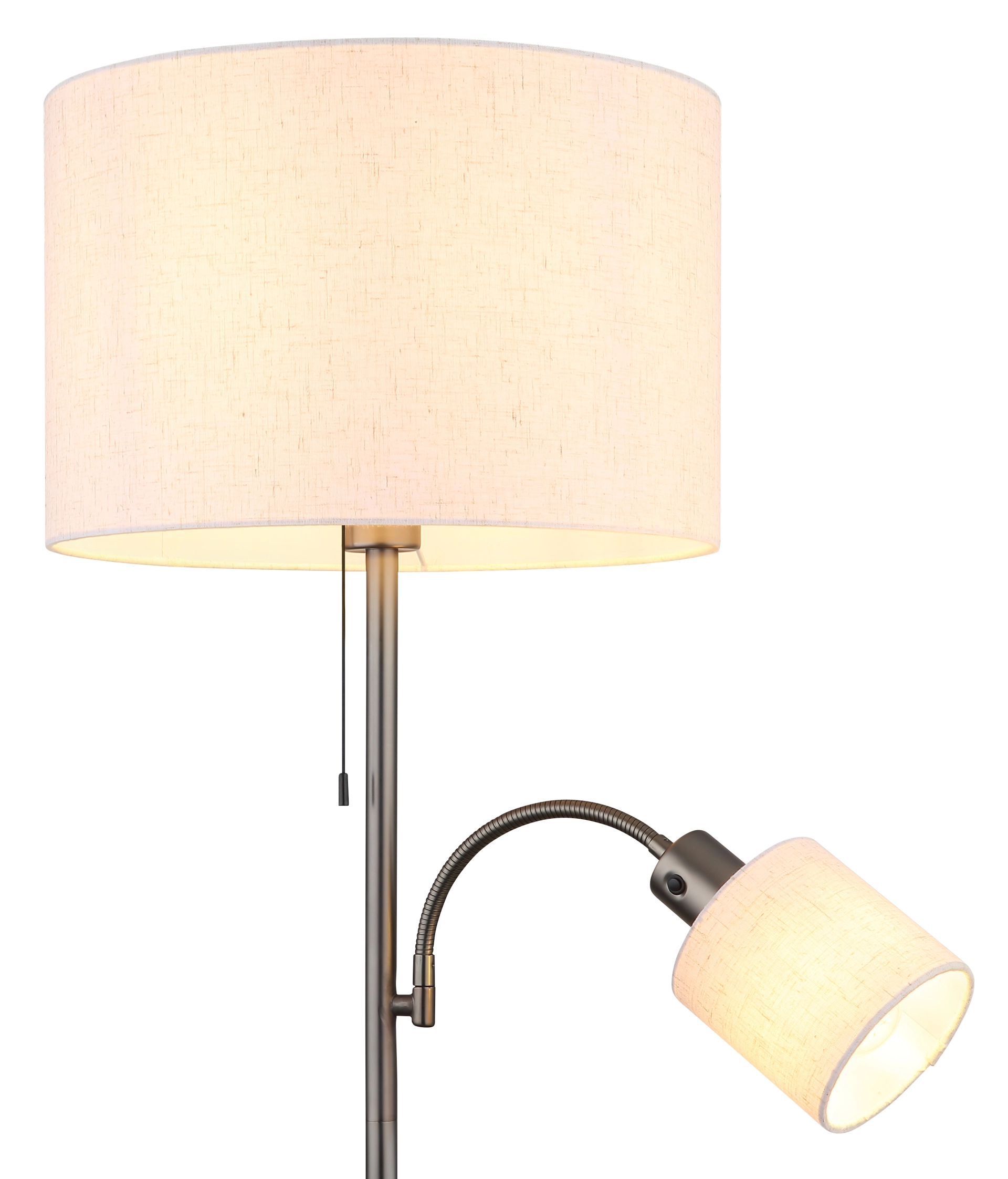 THEA Stehleuchte von Globo Handels GmbH: Metallgestell in schwarz-chrom matt mit cremefarbigen Leinenlampenschirmen, zwei Leuchtenarme, Lichtquelle separat