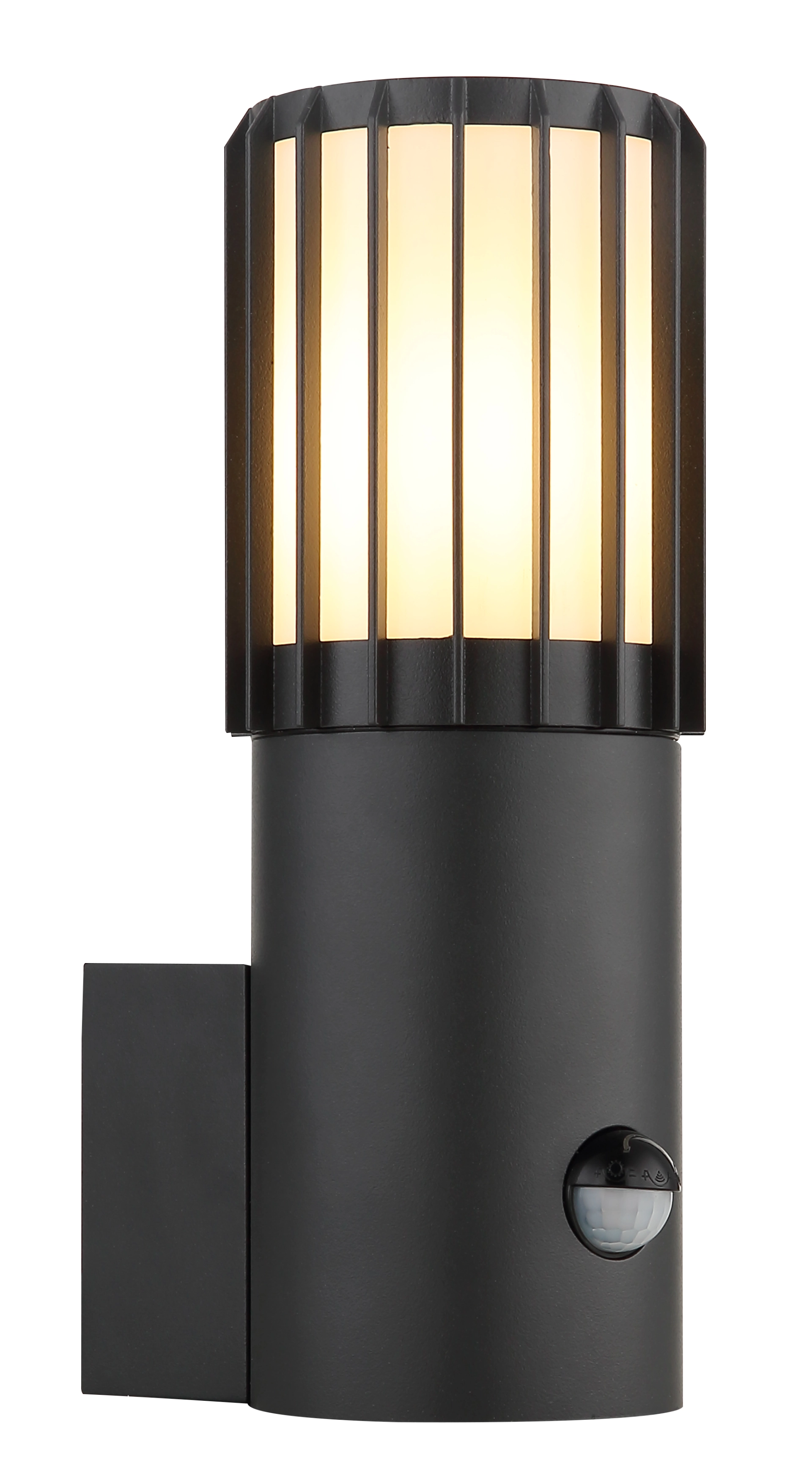 Außenleuchte MERVIN aus Aluminium, anthrazit matt, mit opalem Kunststoffschirm; vertikal geformte Leuchtenschlitze, wandmontiert