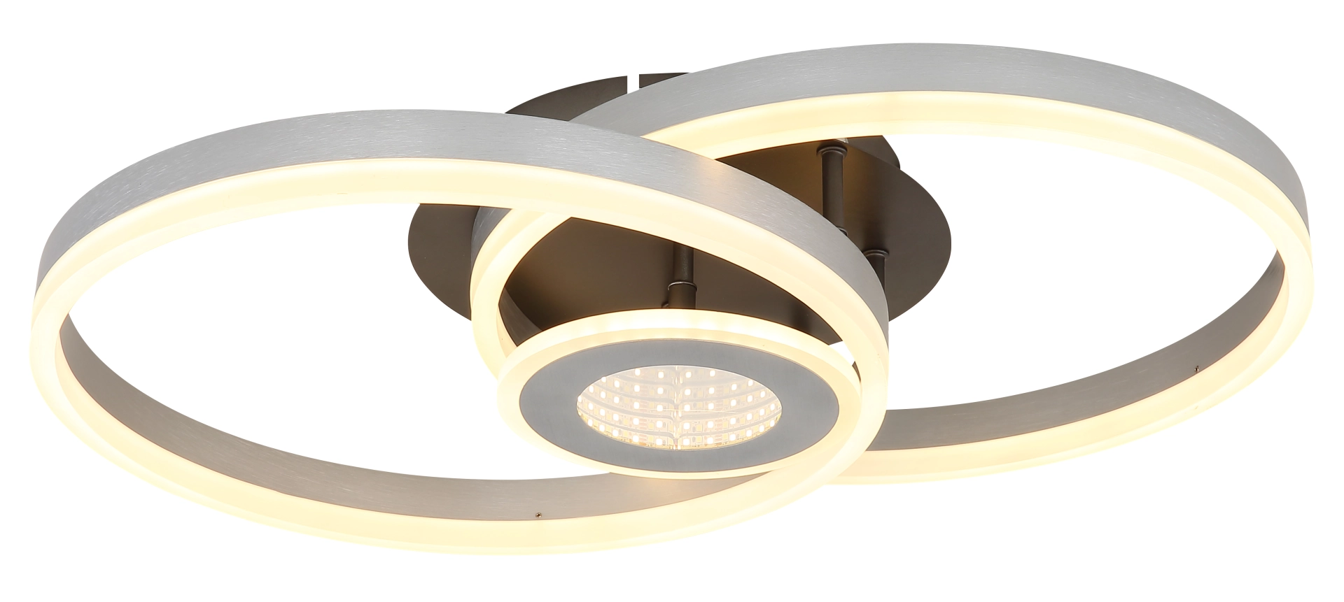 Produktfoto: Moderne LED-Deckenleuchte ELORIA mit zwei überlappenden Licht-Ringen aus gebürstetem Aluminium, warmweiß leuchtend, Modell 67385A-42 von Globo Handels GmbH