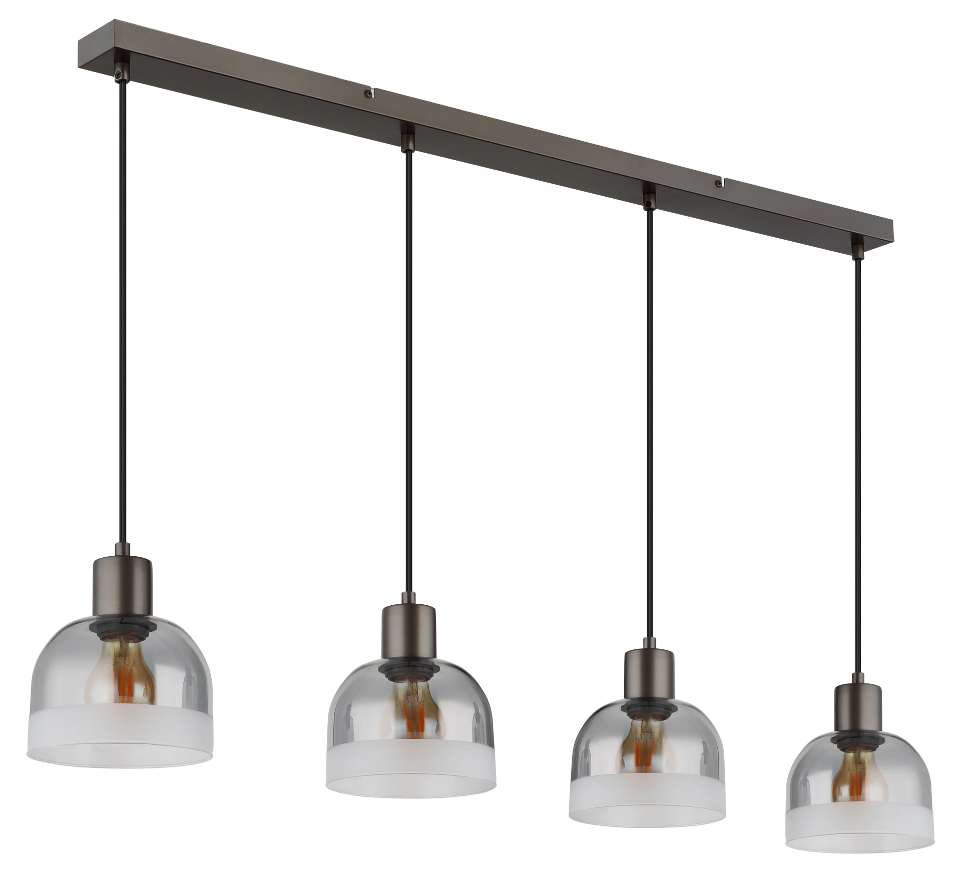 Produktbild: KAIRO Pendelleuchte 4-flammig mit linearem Baldachin, Schirme aus rauchfarbenem Glas mit satiniertem Ring, Fassung in Schwarz-Chrom matt; Modell 54048-4H von Globo Handels GmbH – ideal über Esstisch oder Kücheninsel.
