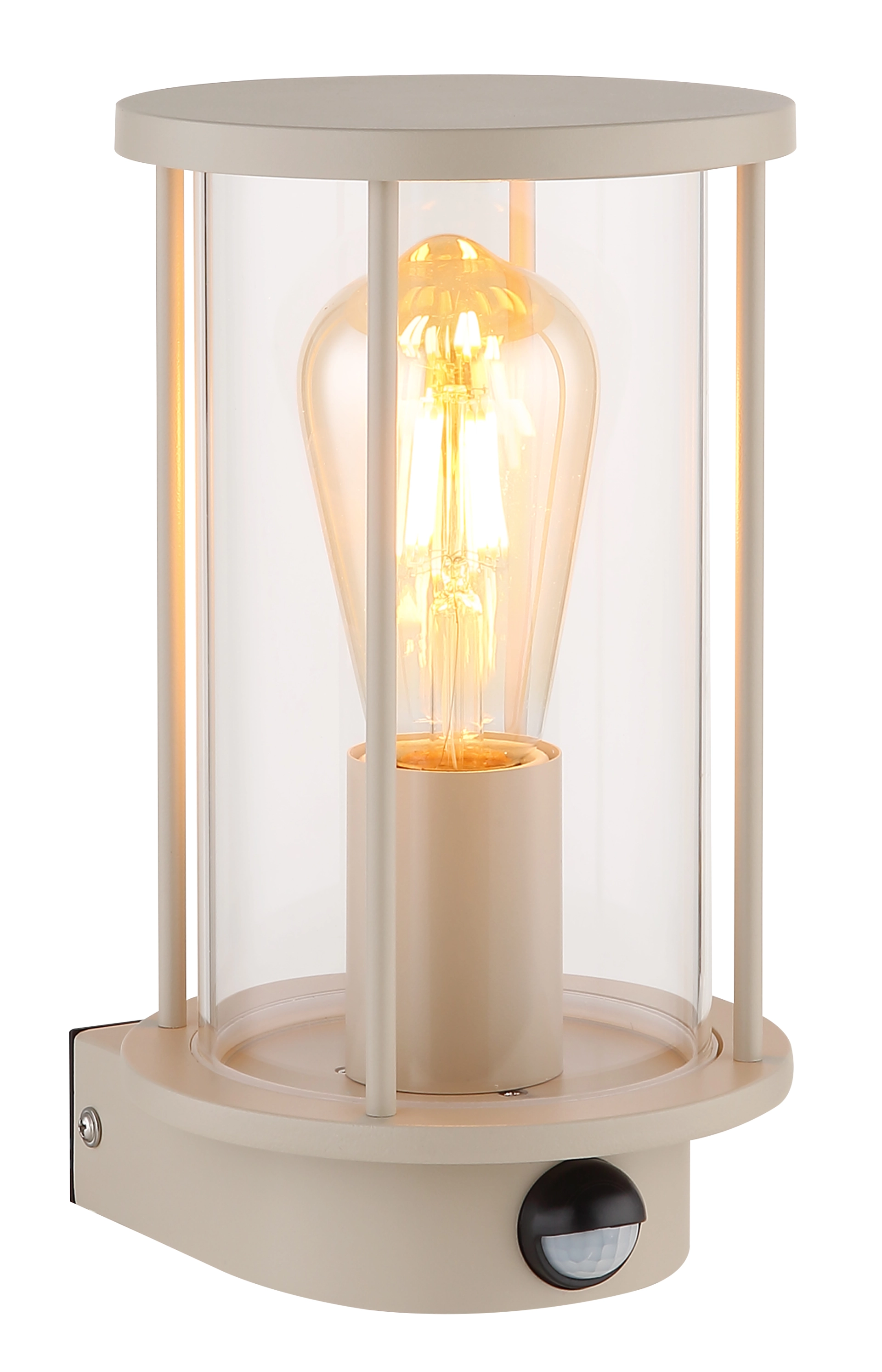 Luminaires extérieur GRACEY en inox satin sable avec verre clair et ampoule à filament chaud.