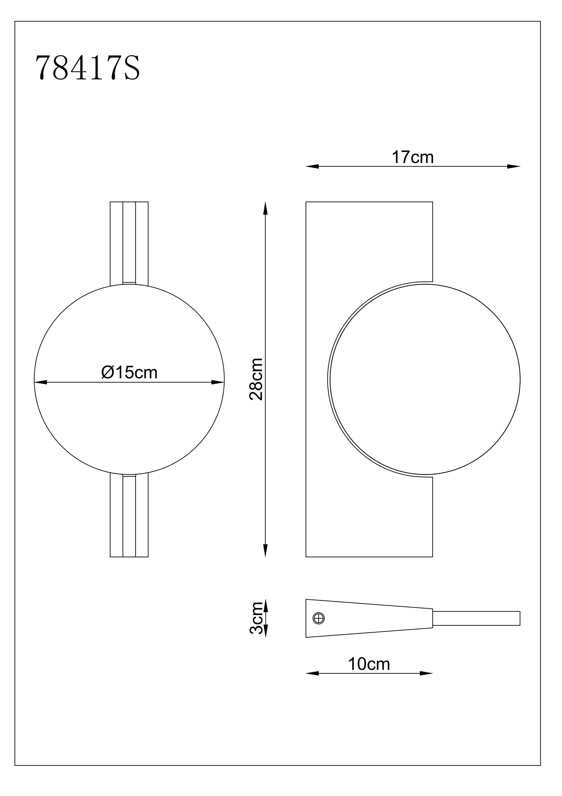 Technische Zeichnung der Wandleuchte JASPER in Schwarz‑Chrom matt von Globo Handels GmbH; rechteckige Basis mit rundem Kopf. Maße: H 28 cm, B 17 cm, T 3 cm, Ø 15 cm, Ausladung 10 cm. LED 3W, 3000K, IP20 – modernes Design.